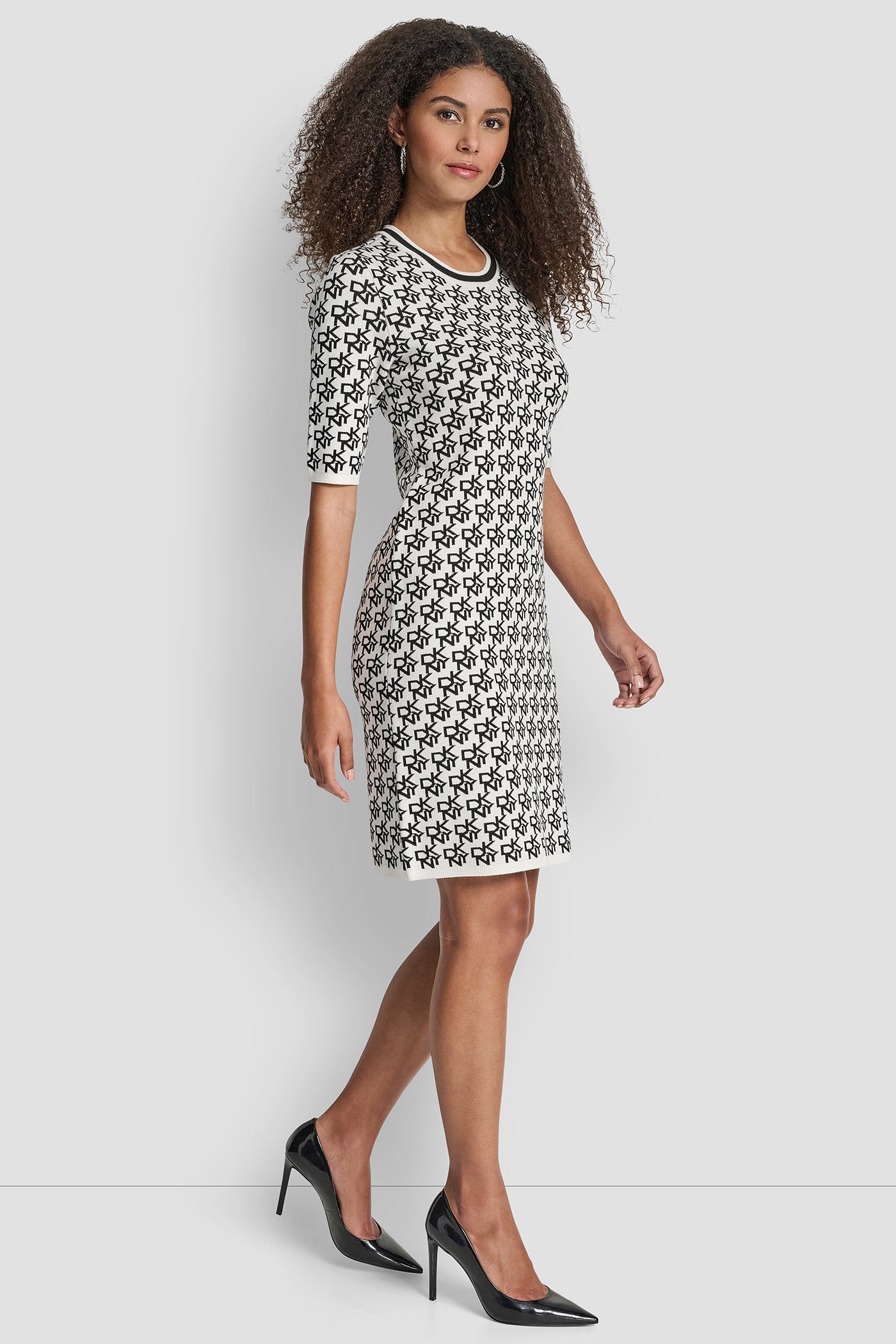 Short Sleeve Logo Intarsia Sweater Dress | Bodycon | DKNY Short Sleeve Logo Intarsia Sweater Dress | Bodycon | DKNY
