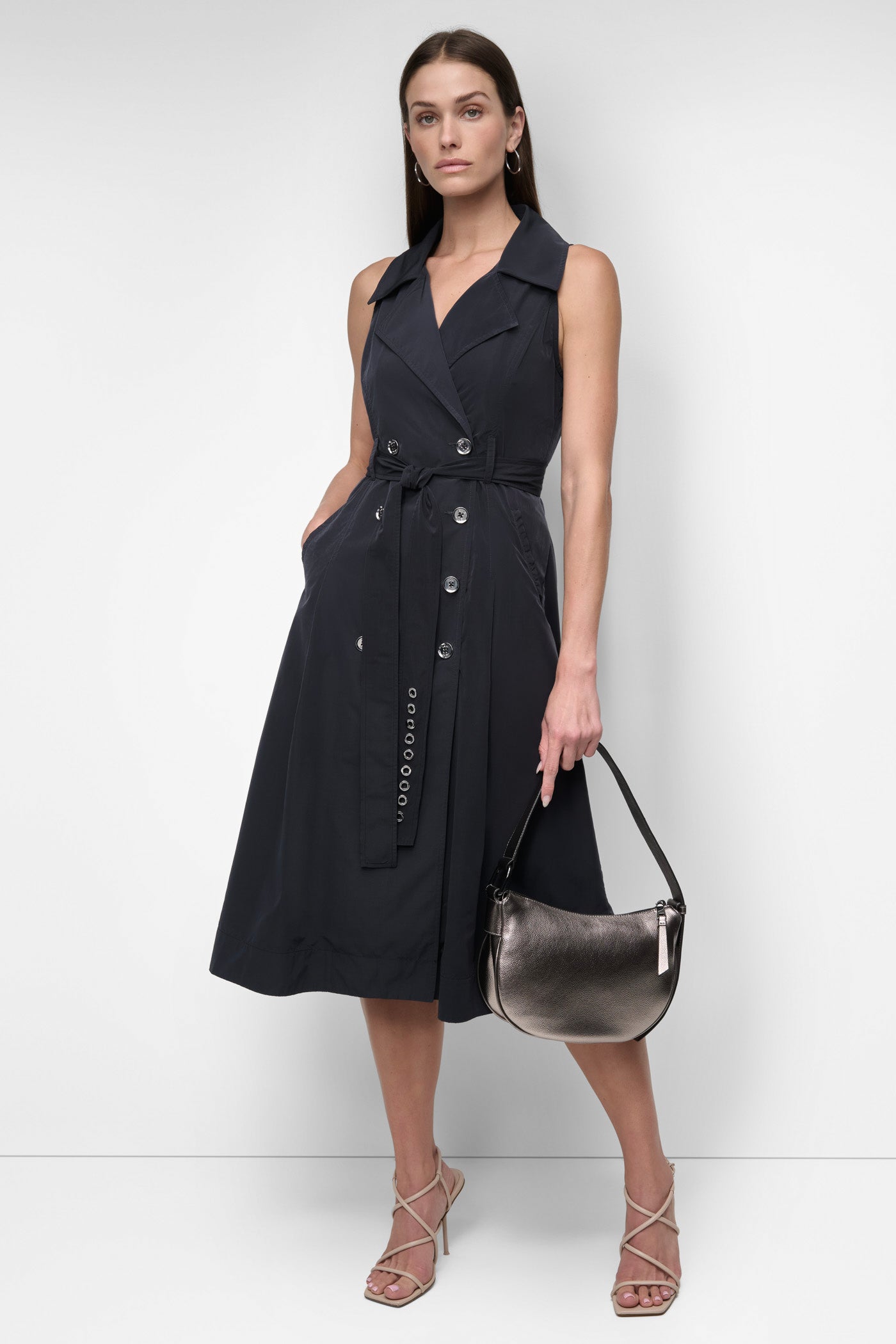SLEEVELESS TECH COTTON BELTED MIDI DRESS | DKNY