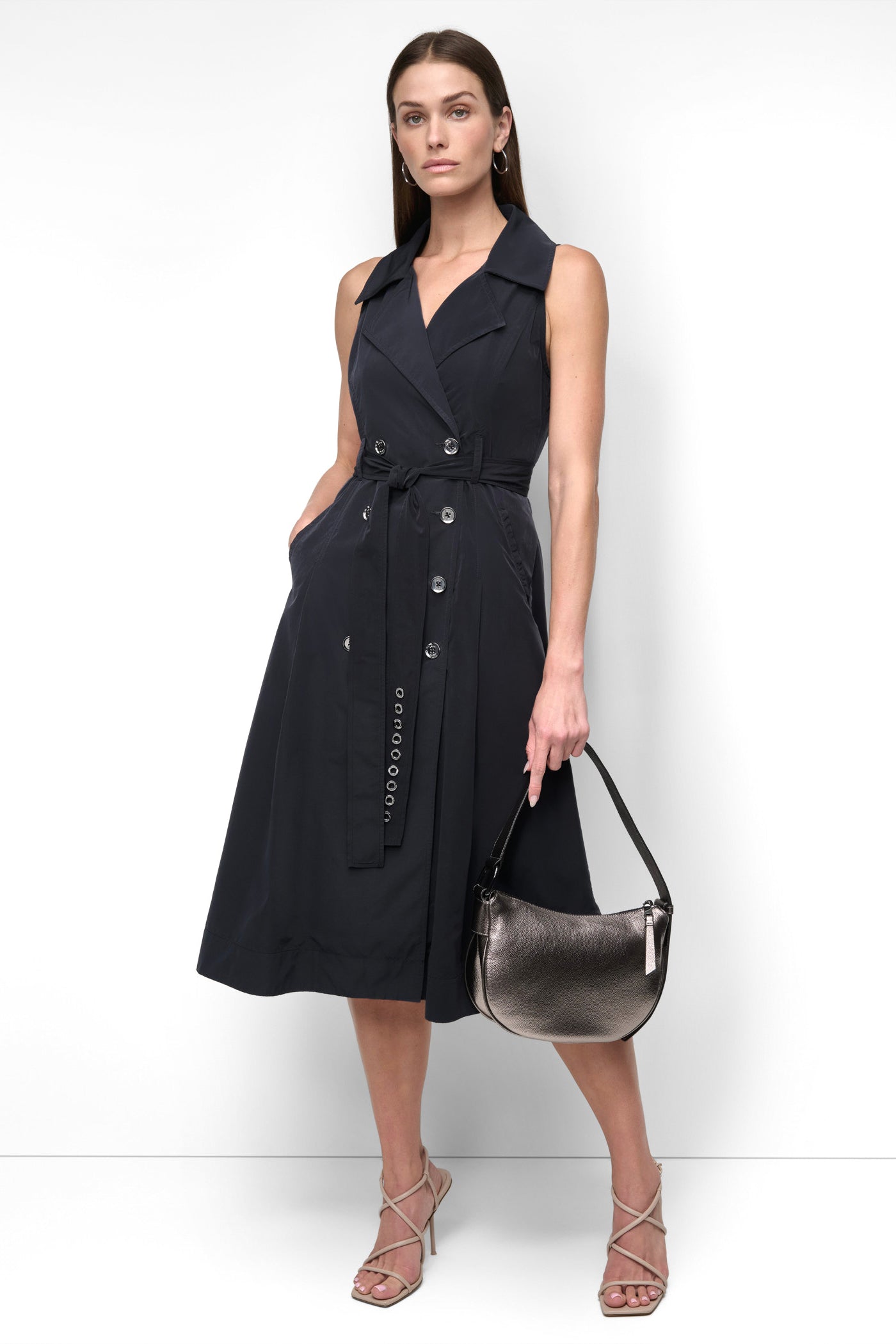 SLEEVELESS TECH COTTON BELTED MIDI DRESS VIEW 7 | SALE DRESSES