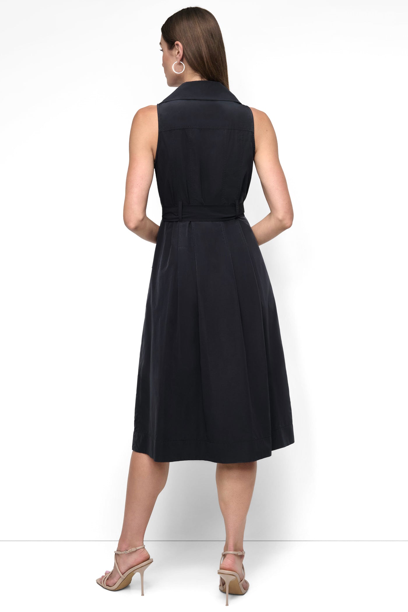 Black SLEEVELESS TECH COTTON BELTED MIDI DRESS, BACK VIEW | 9-5 Edit