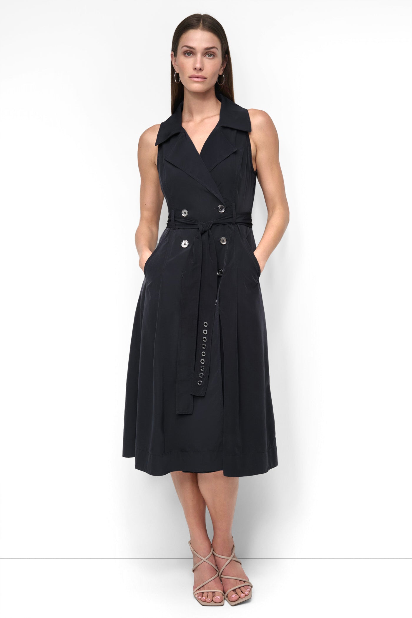 Black SLEEVELESS TECH COTTON BELTED MIDI DRESS, FRONT VIEW | 9-5 Edit