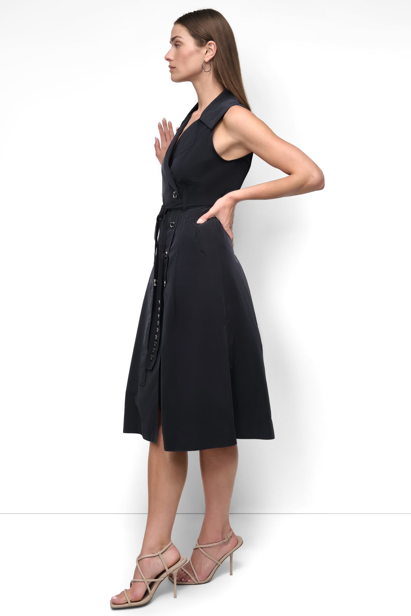 SLEEVELESS TECH COTTON BELTED MIDI DRESS VIEW 3 | SALE DRESSES