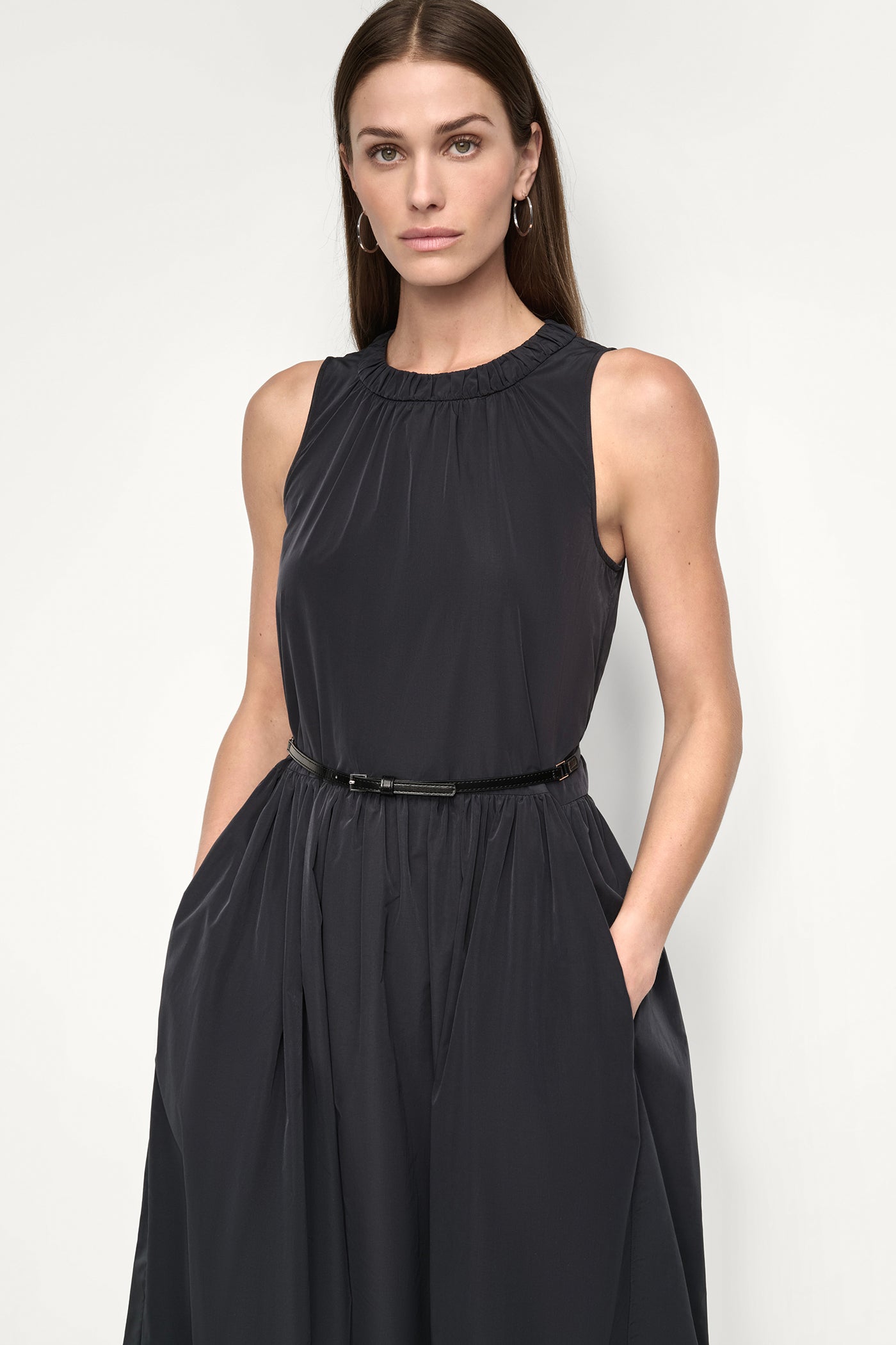 Black SLEEVELESS GATHERED MIDI A-LINE DRESS, BACK VIEW | Dresses & Jumpsuits