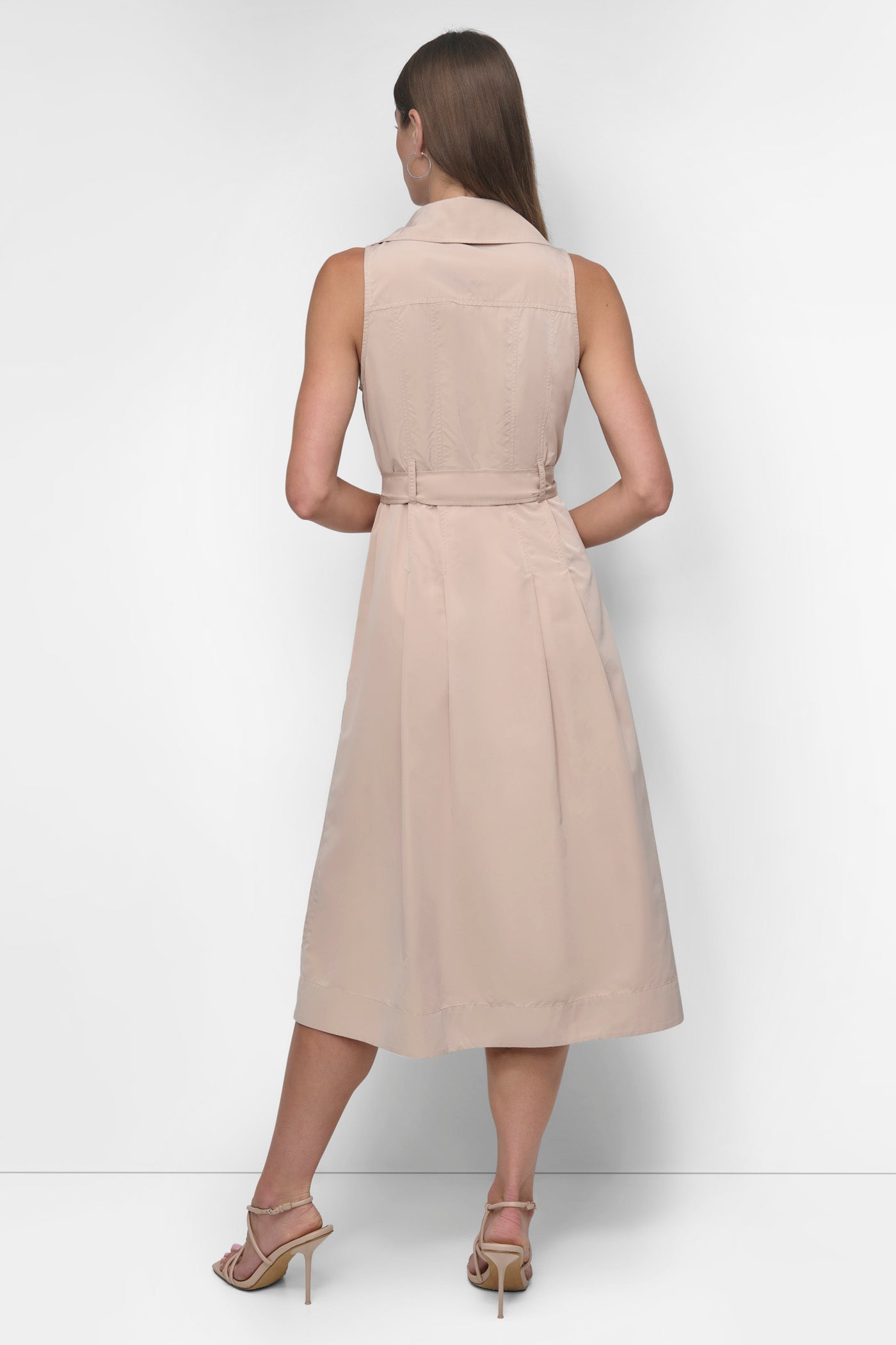 BLUSH SLEEVELESS TECH COTTON BELTED MIDI DRESS, BACK VIEW | SALE DRESSES