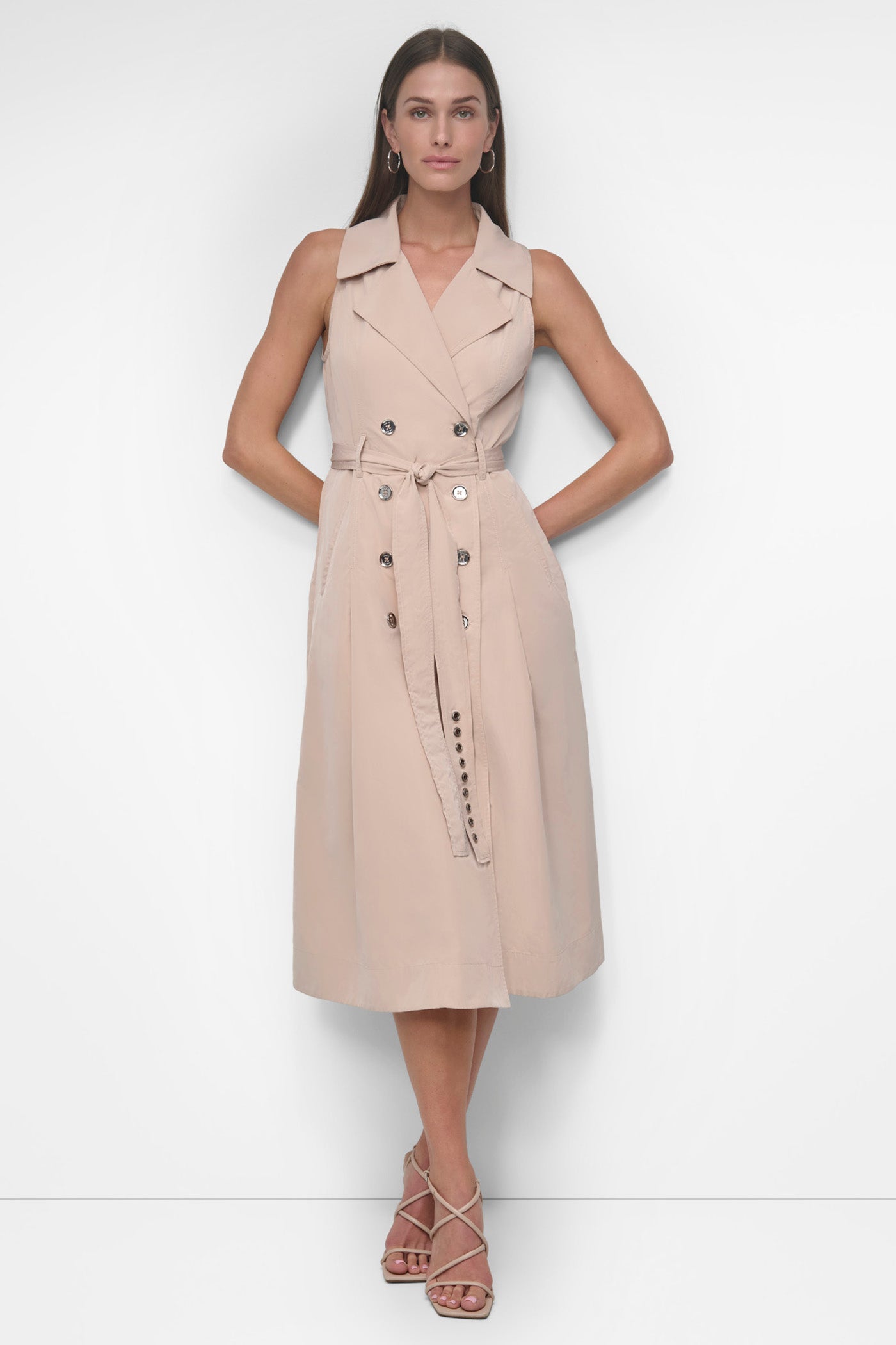 BLUSH SLEEVELESS TECH COTTON BELTED MIDI DRESS, FRONT VIEW | SALE DRESSES