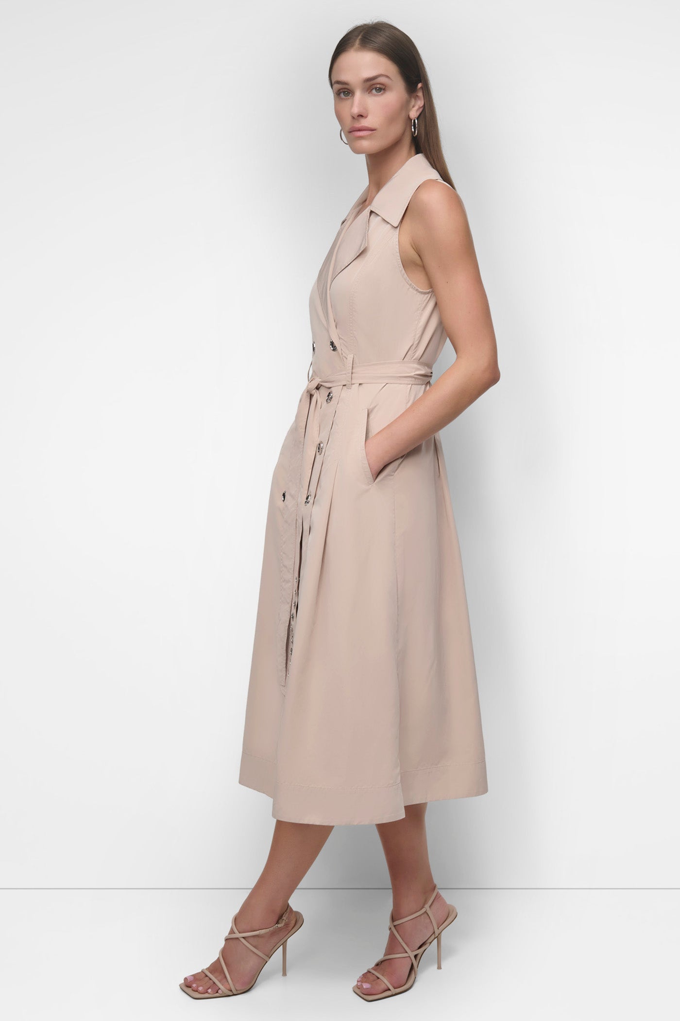 SLEEVELESS TECH COTTON BELTED MIDI DRESS VIEW 3 | SALE DRESSES