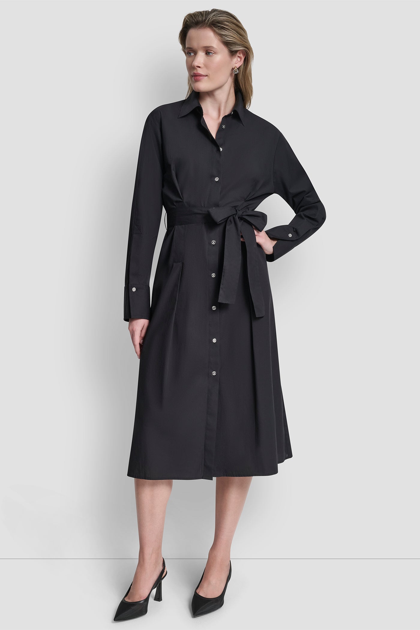 Black BUTTON DOWN MIDI SHIRT DRESS, VIEW 1 | SELECT STYLES