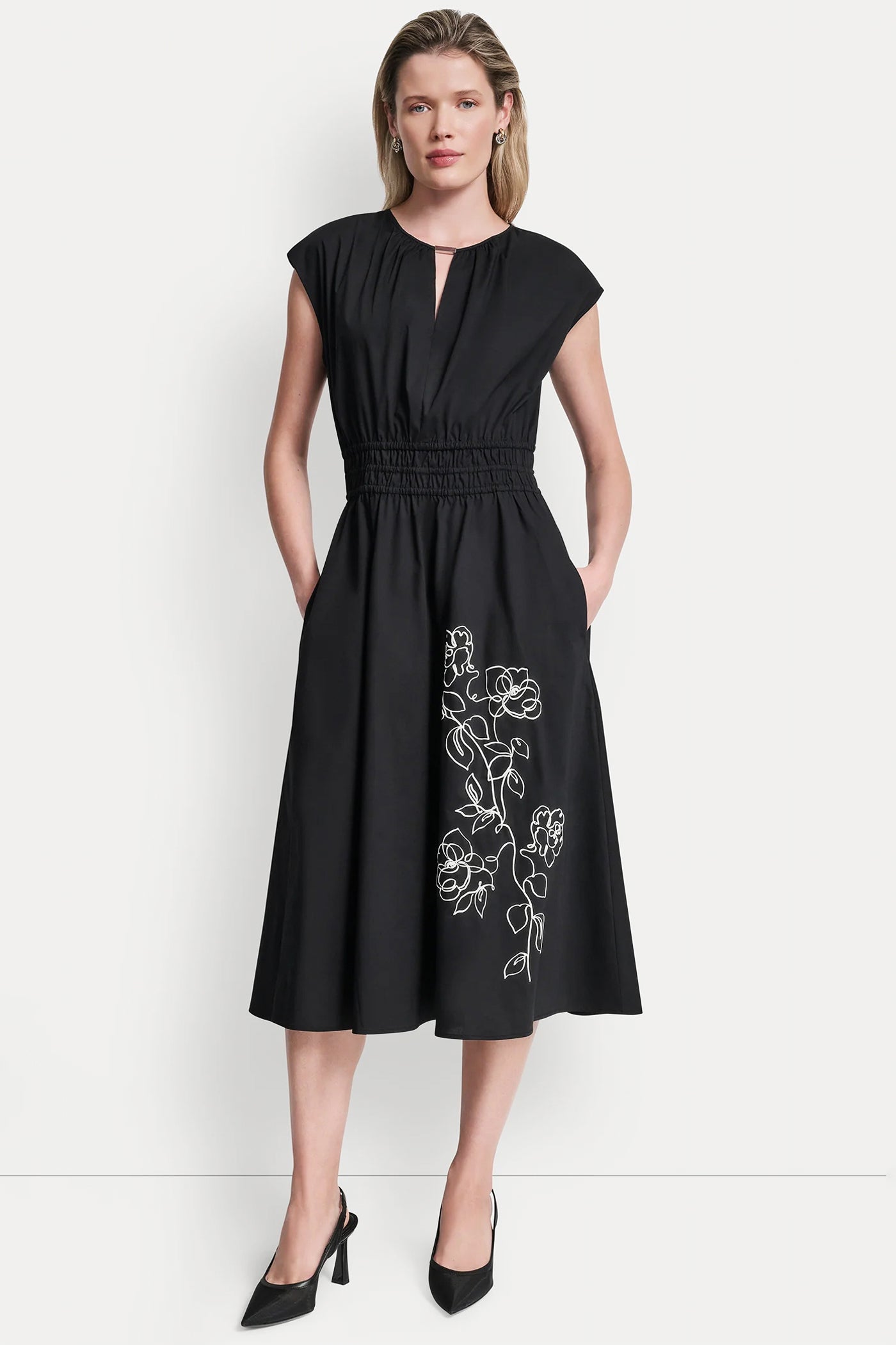 Black FLORAL FIT & FLARE MIDI DRESS, FRONT VIEW | Dresses & Jumpsuits