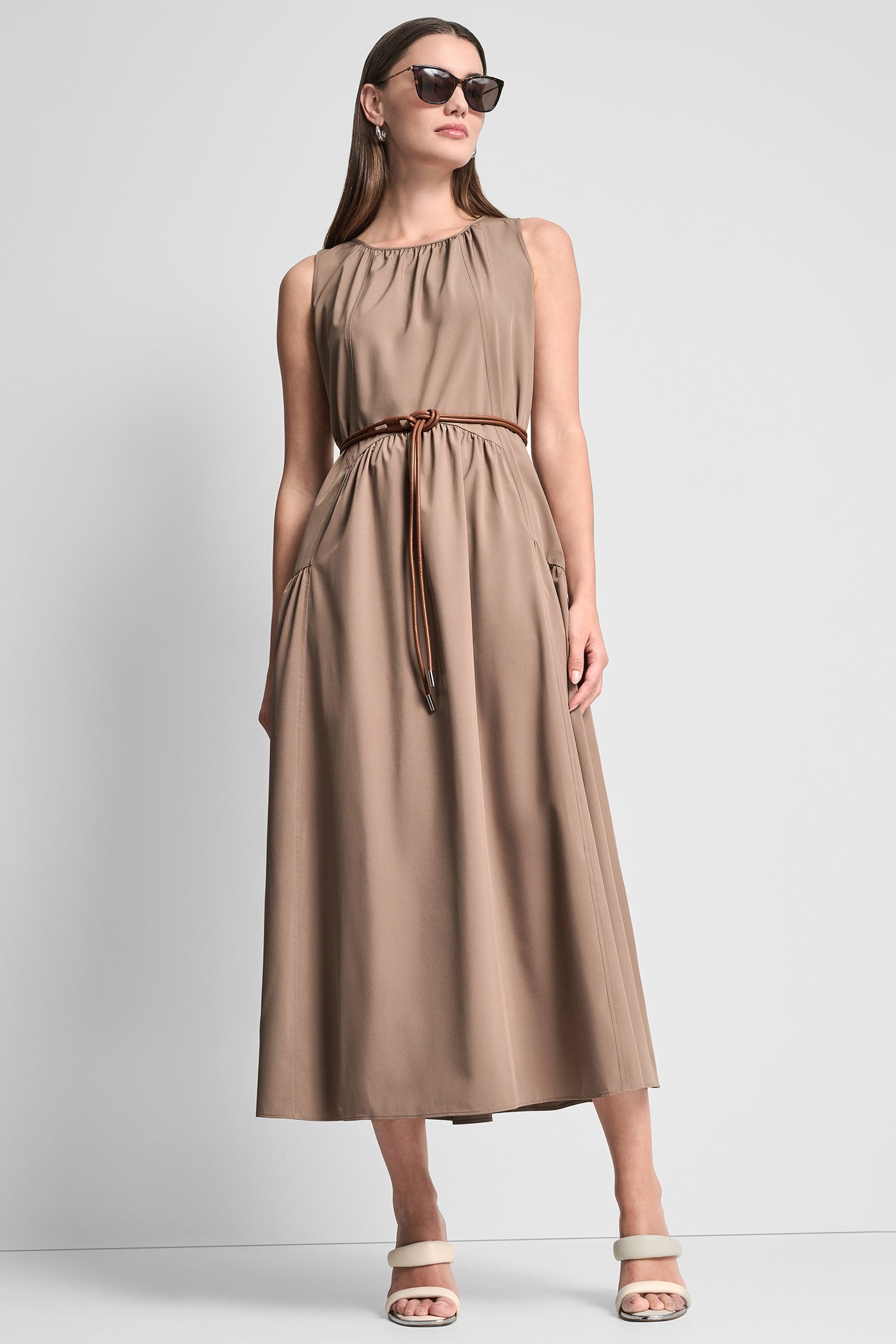 Cappuccino SLEEVELESS DROP-WAIST MIDI DRESS, VIEW 1 | NEW NEUTRALS