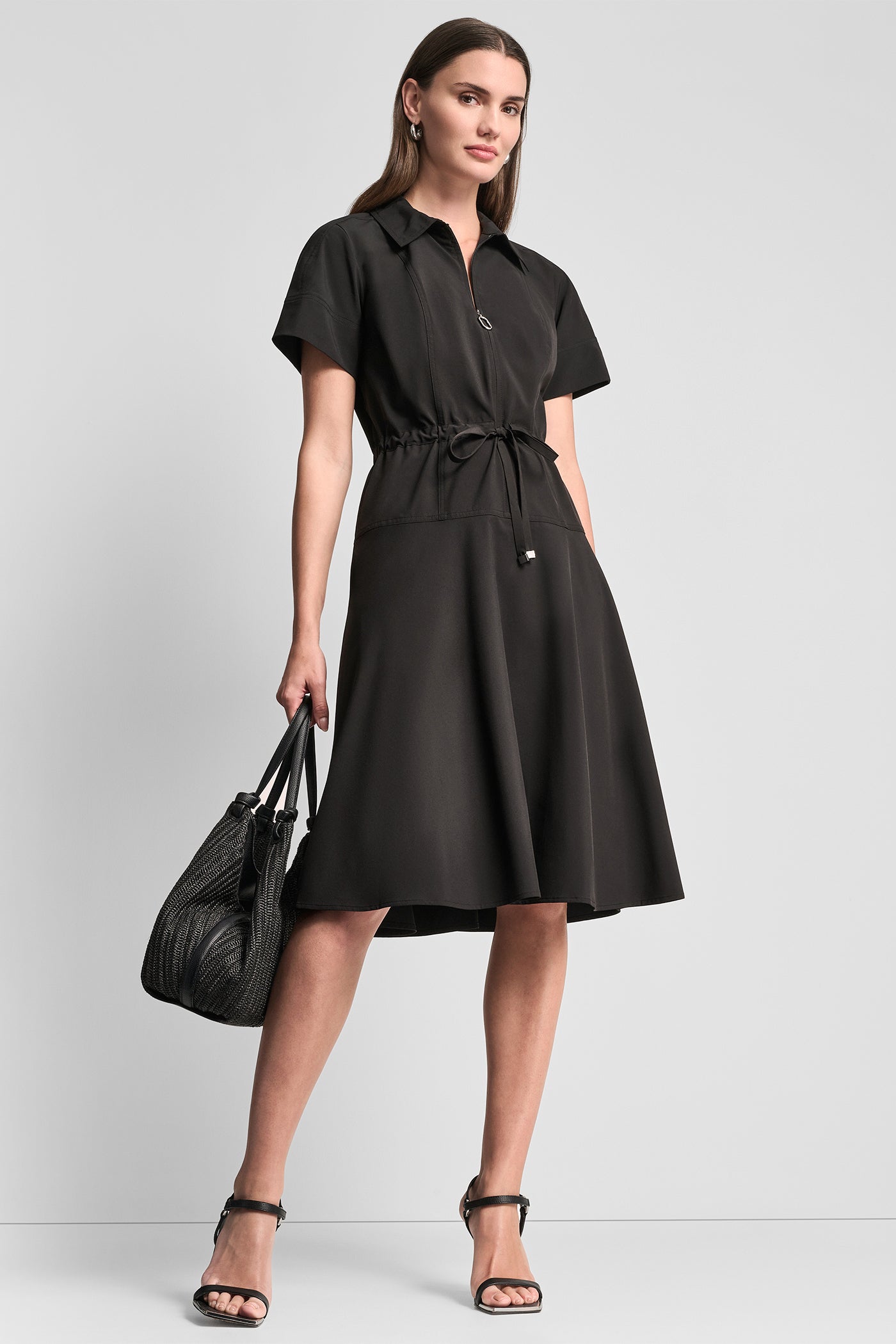 Dkny Women's Fit & Flare Midi Shirt Dress in Black Dkny Women's Fit & Flare Midi Shirt Dress in Black