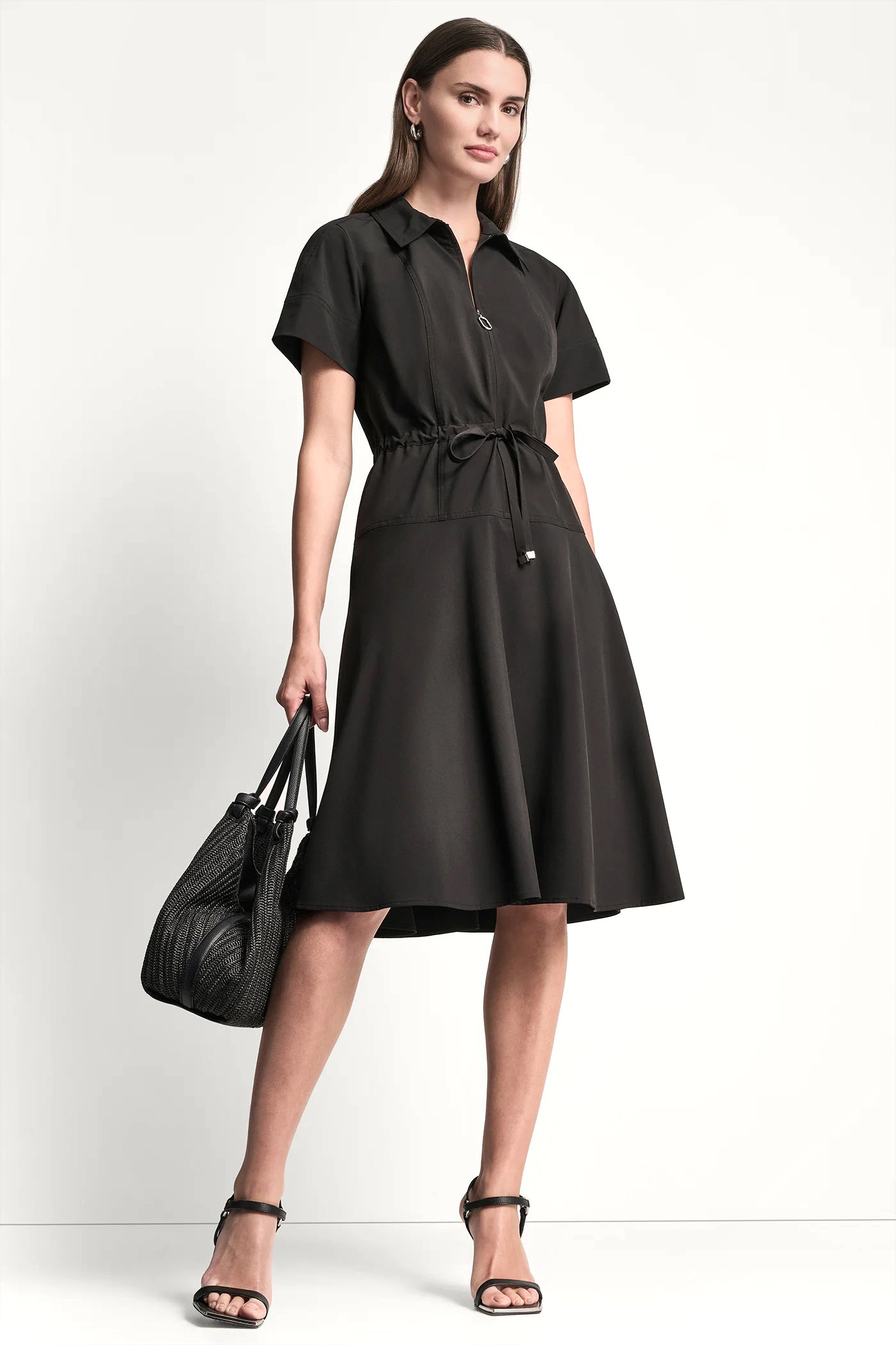Black FIT & FLARE MIDI SHIRT DRESS, VIEW 1 | Dresses & Jumpsuits