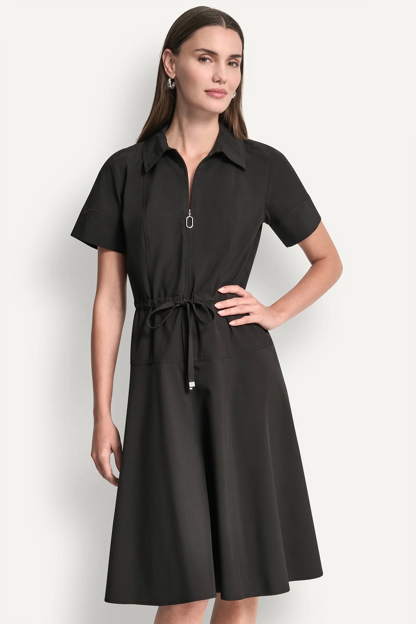 Black FIT & FLARE MIDI SHIRT DRESS, VIEW 2 | Dresses & Jumpsuits