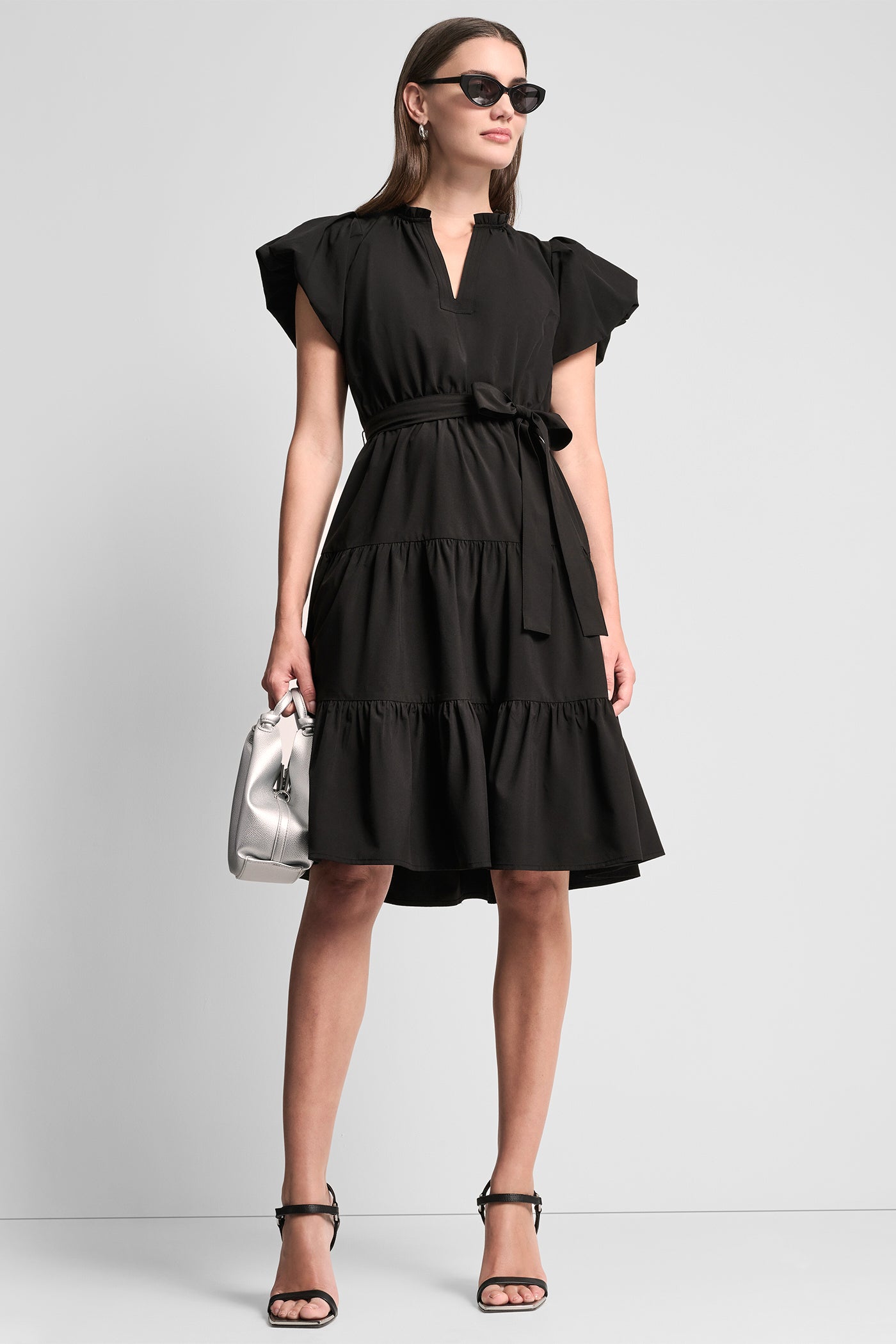 Black PUFF SLEEVE V-NECK FIT & FLARE DRESS, VIEW 1 | Dresses & Jumpsuits