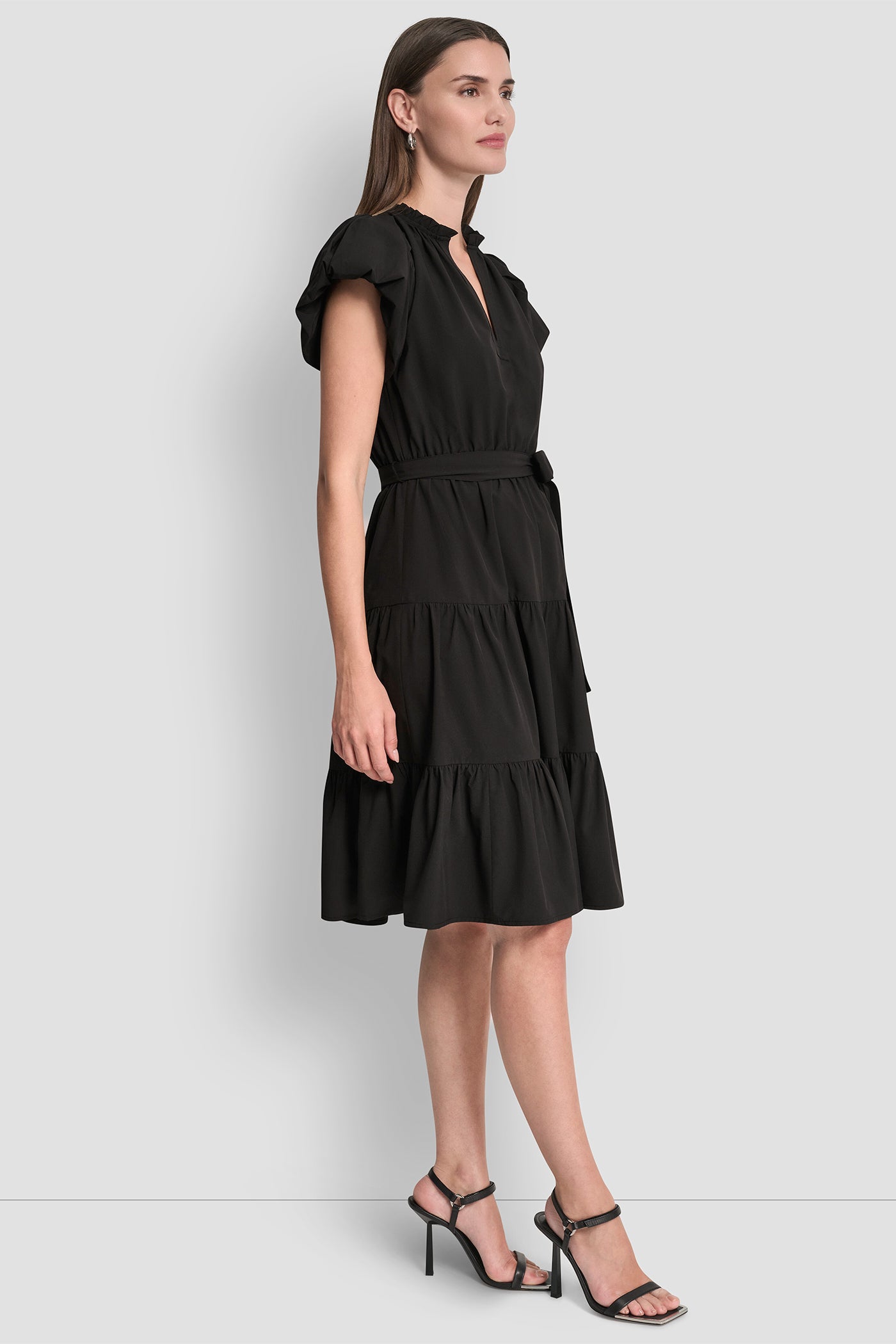 PUFF SLEEVE V-NECK FIT & FLARE DRESS VIEW 3 | Dresses & Jumpsuits