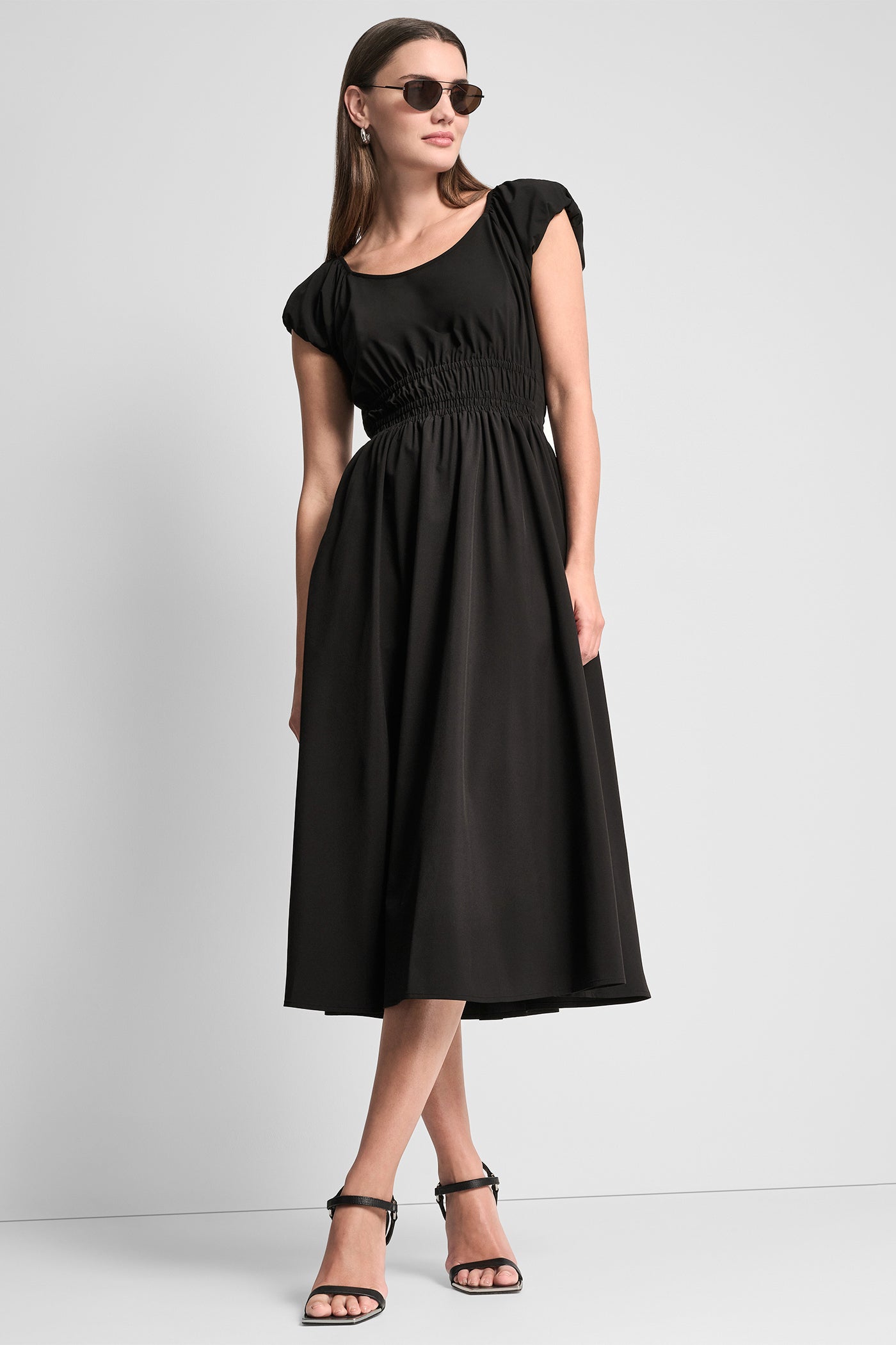 Black PUFF SLEEVE FIT & FLARE MIDI DRESS, VIEW 1 | Clothing