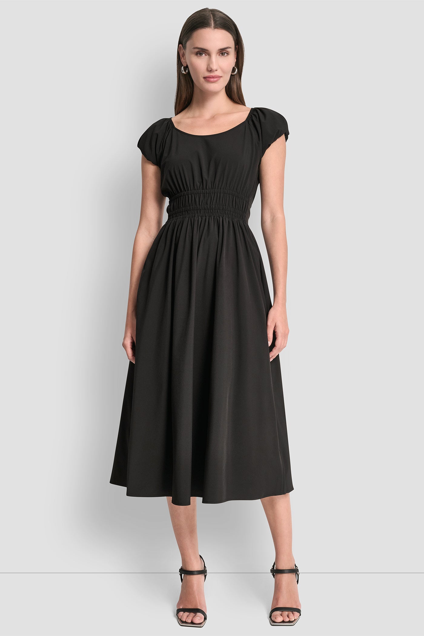fit and flare midi cocktail dress DKNY Women's Puff Sleeve Fit & Flare Midi Dress in Black