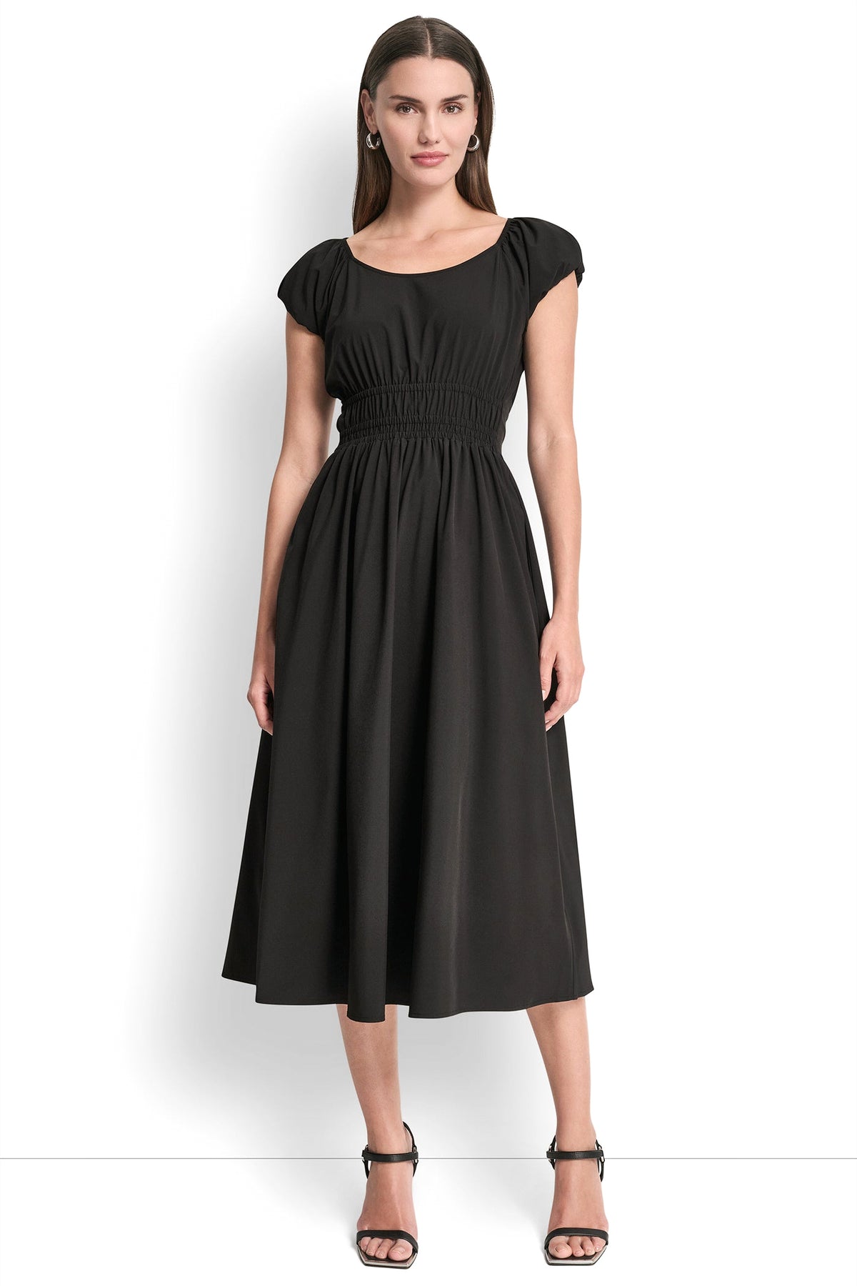 PUFF SLEEVE FIT & FLARE MIDI DRESS VIEW 2