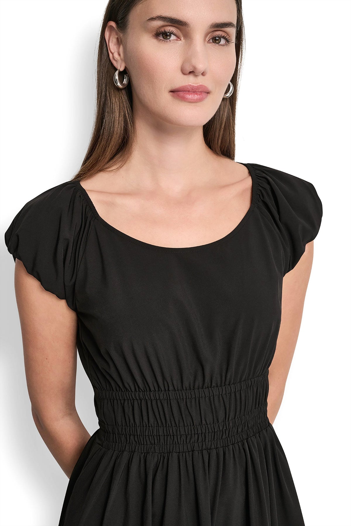 PUFF SLEEVE FIT & FLARE MIDI DRESS VIEW 2