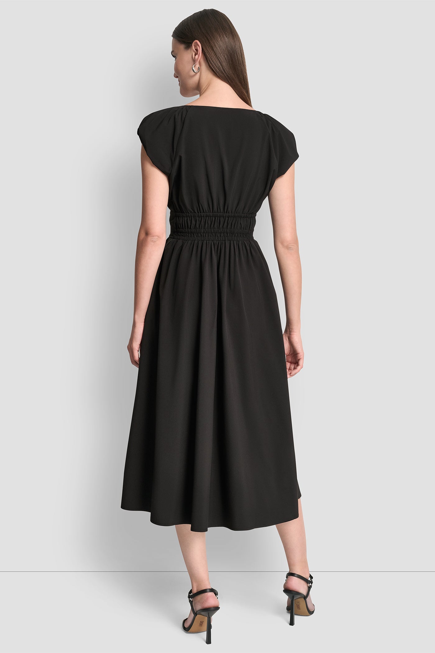 Black PUFF SLEEVE FIT & FLARE MIDI DRESS, VIEW 2 | Clothing