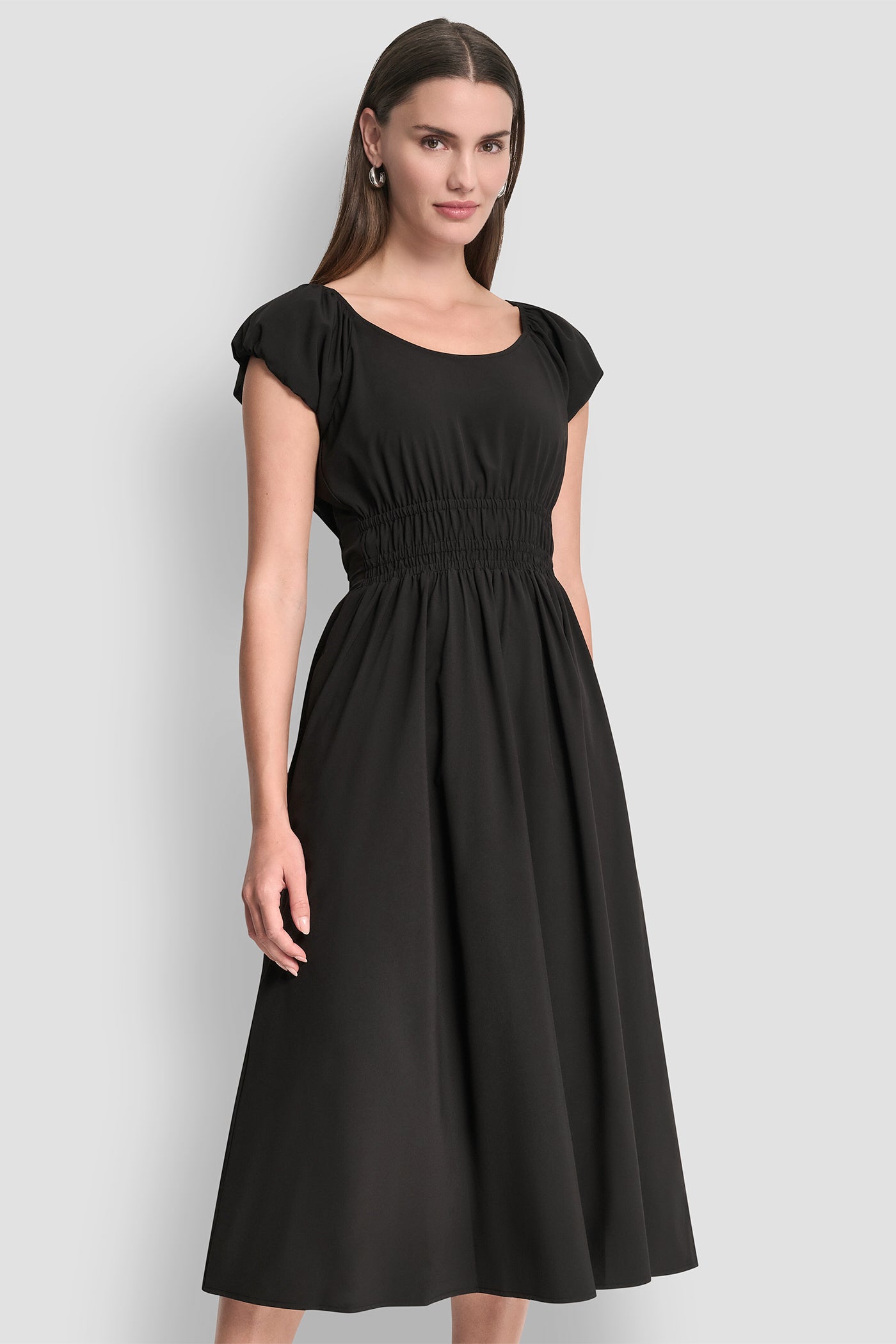 Puff Sleeve Fit & Flare Midi Dress | Fit and Flare | DKNY Puff Sleeve Fit & Flare Midi Dress | Fit and Flare | DKNY