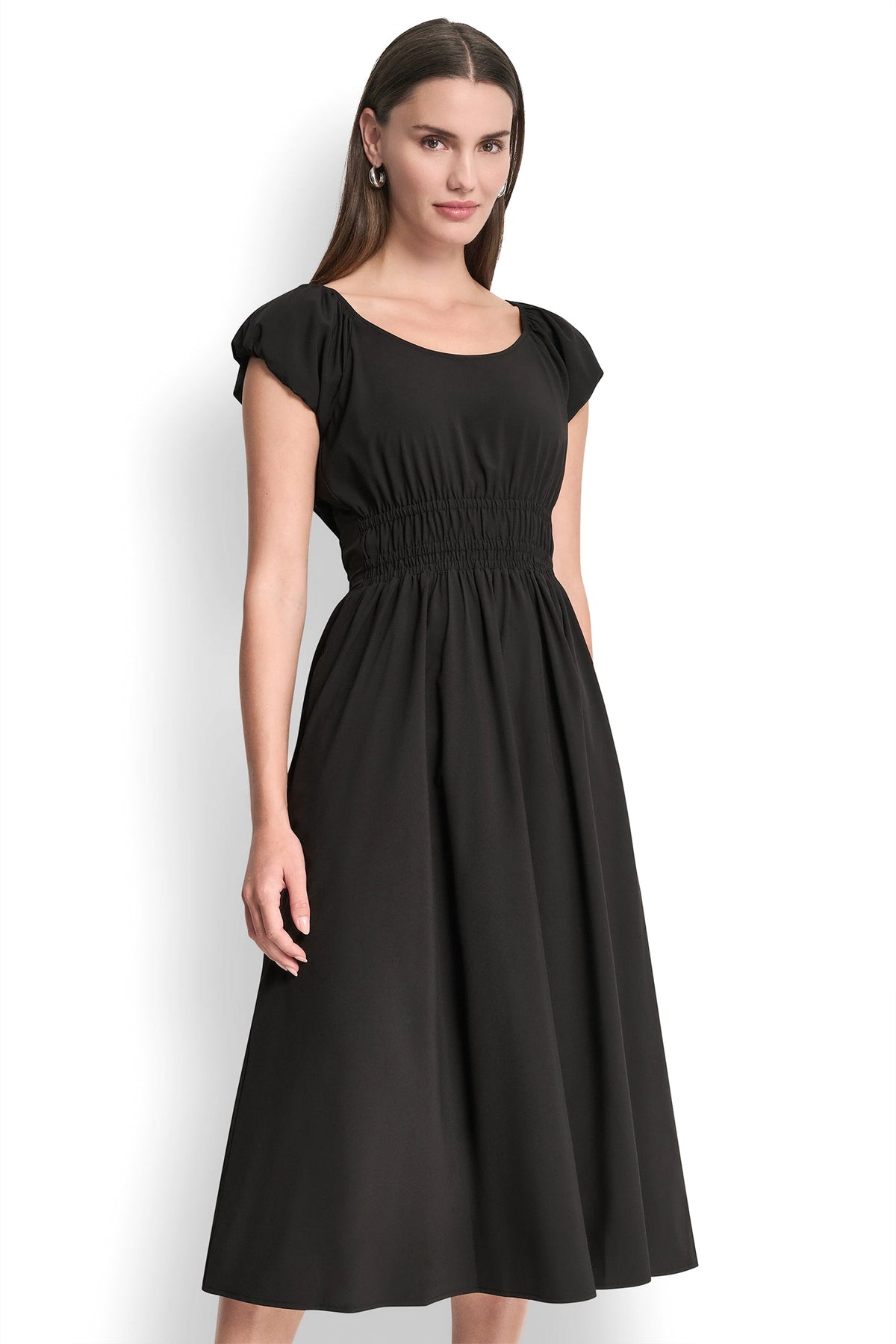 PUFF SLEEVE FIT & FLARE MIDI DRESS VIEW 2