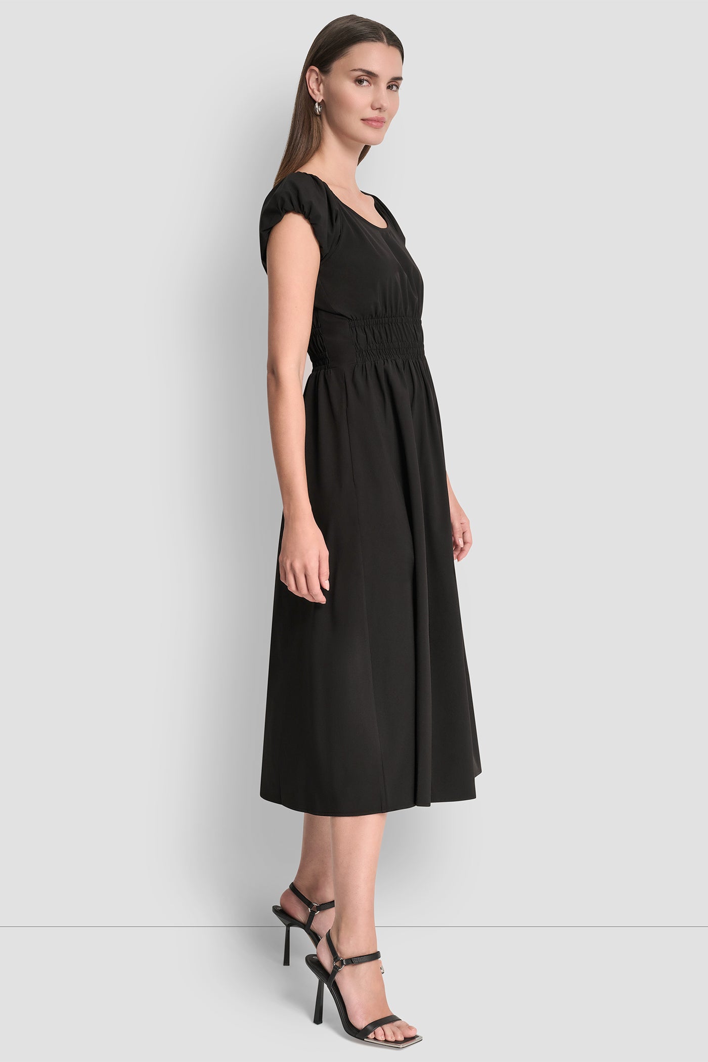 PUFF SLEEVE FIT & FLARE MIDI DRESS VIEW 3 | Clothing