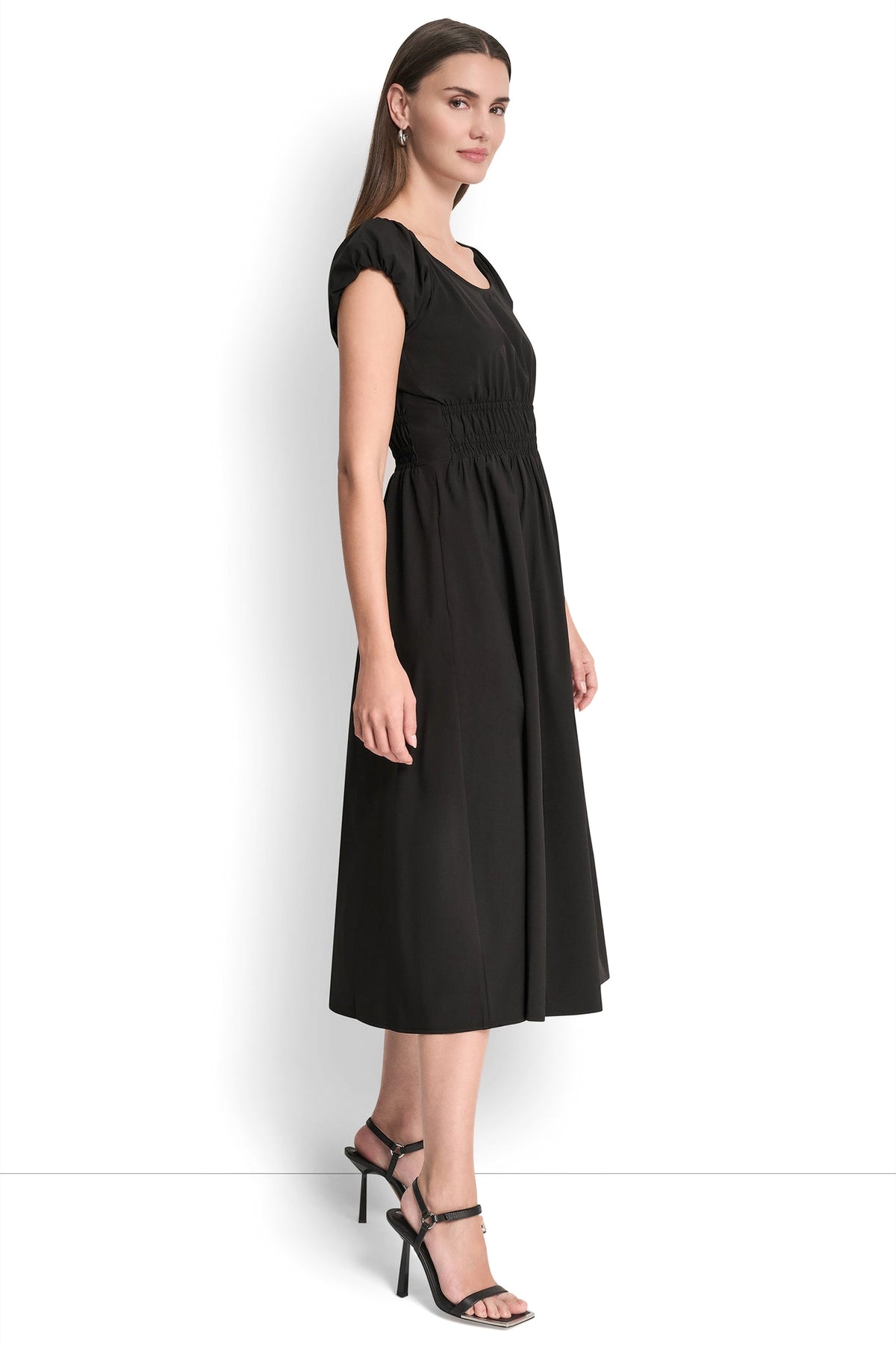 PUFF SLEEVE FIT & FLARE MIDI DRESS VIEW 2