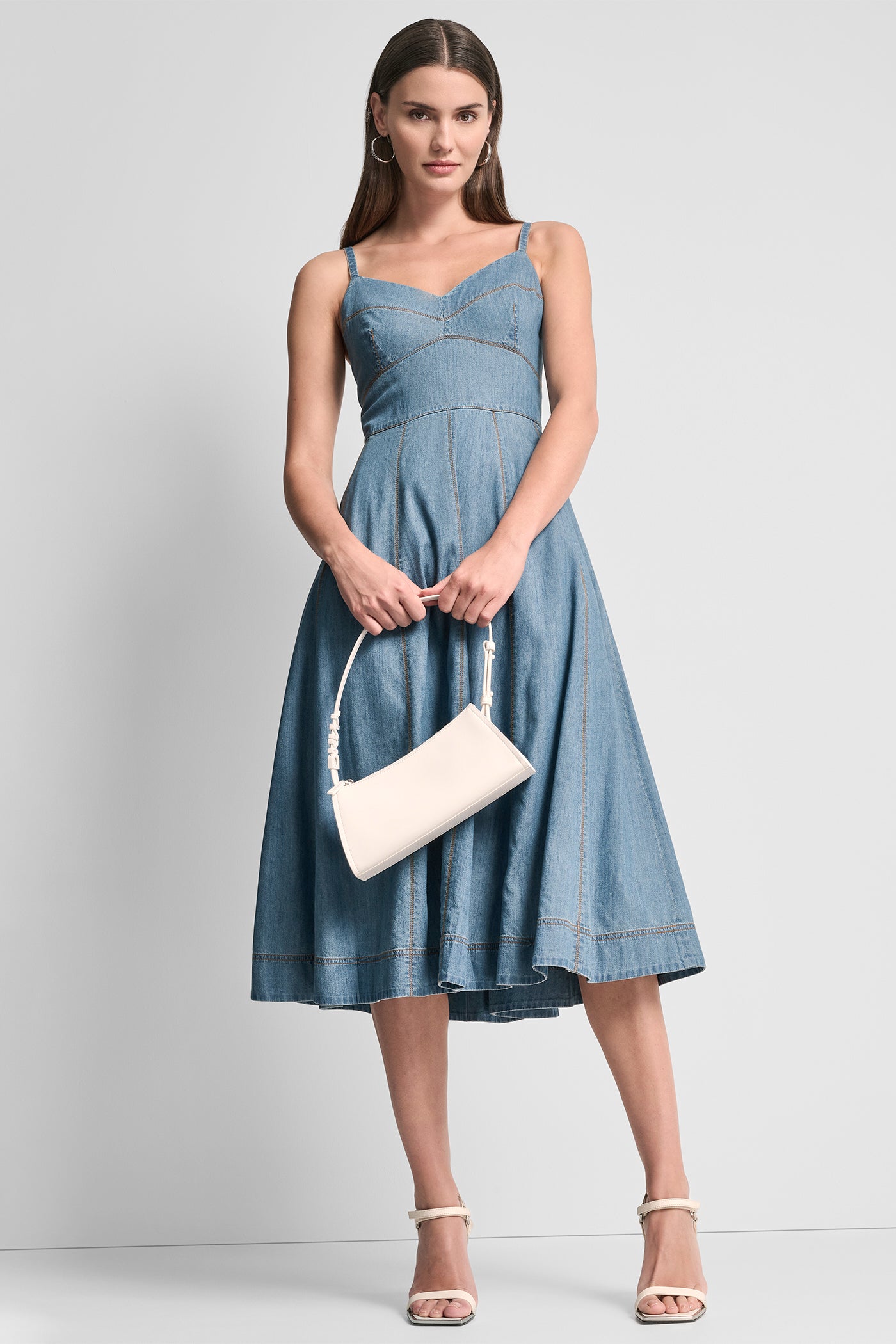 Downtown Wash DENIM MIDI FIT & FLARE DRESS, VIEW 1 | Denim Destination