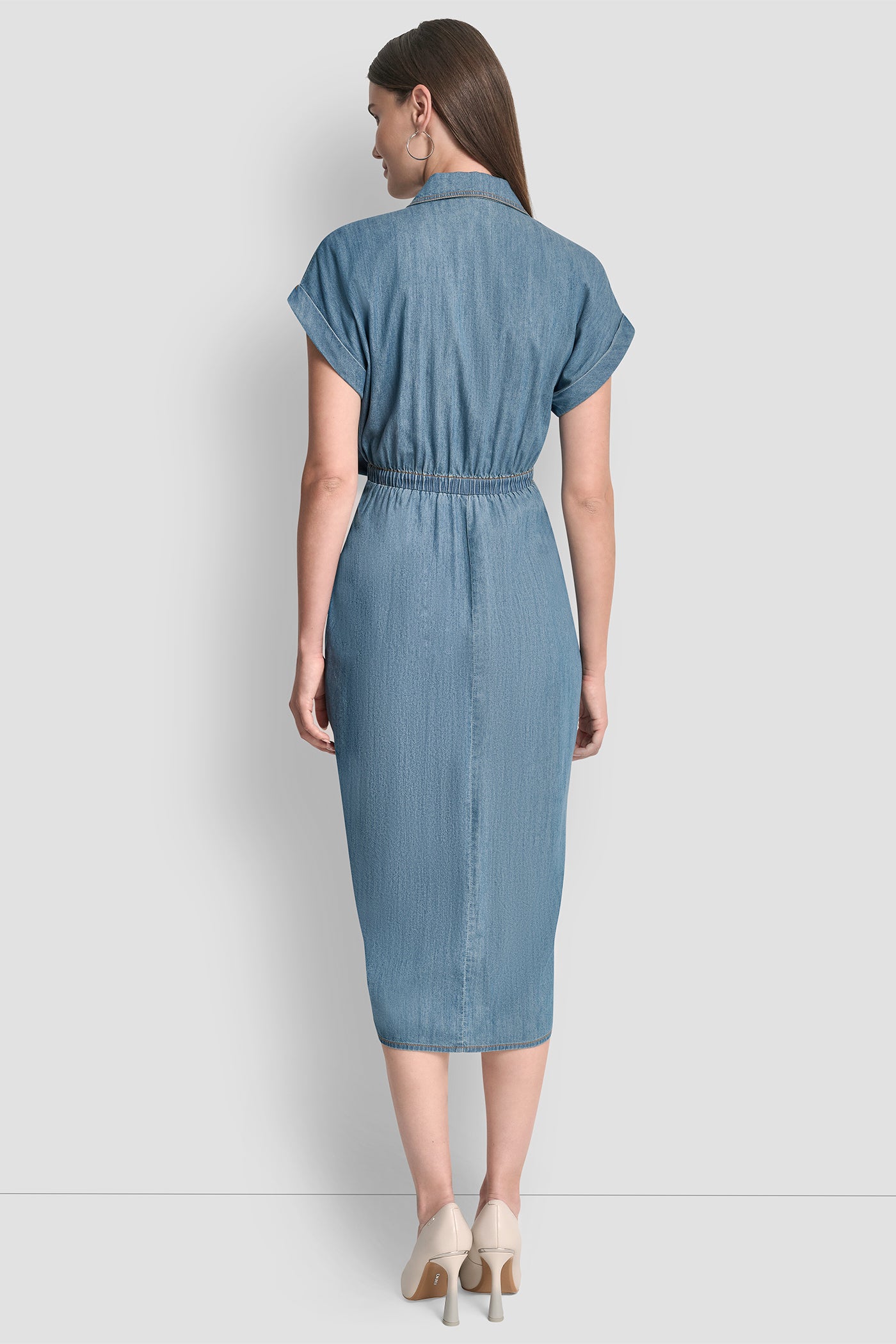 Downtown Wash SHORT SLEEVE MIDI SHIRT DRESS, BACK VIEW | Denim Destination