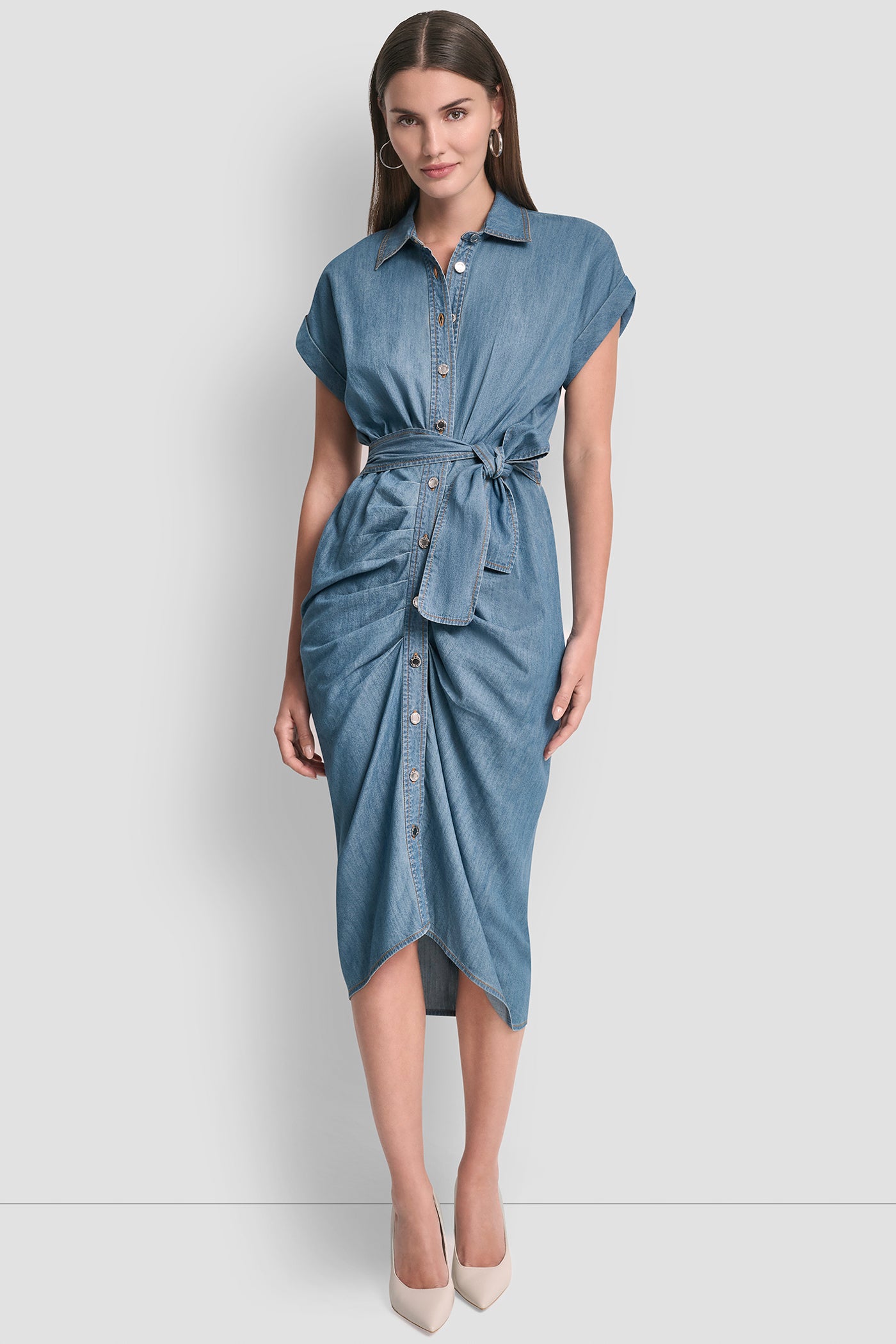 Downtown Wash SHORT SLEEVE MIDI SHIRT DRESS, FRONT VIEW | Denim Destination