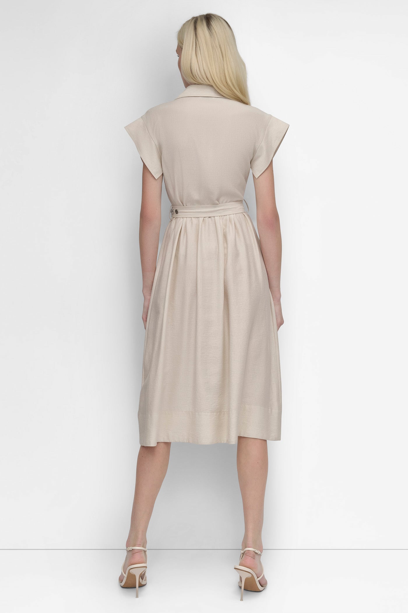 KHAKI SHIRT DRESS WITH GROMET BELT, BACK VIEW | SALE DRESSES