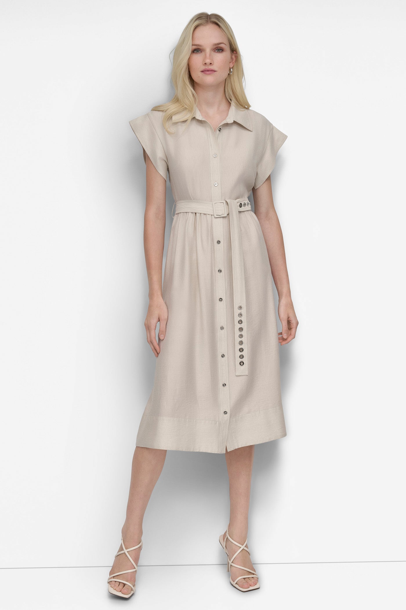 KHAKI SHIRT DRESS WITH GROMET BELT, FRONT VIEW | SALE DRESSES