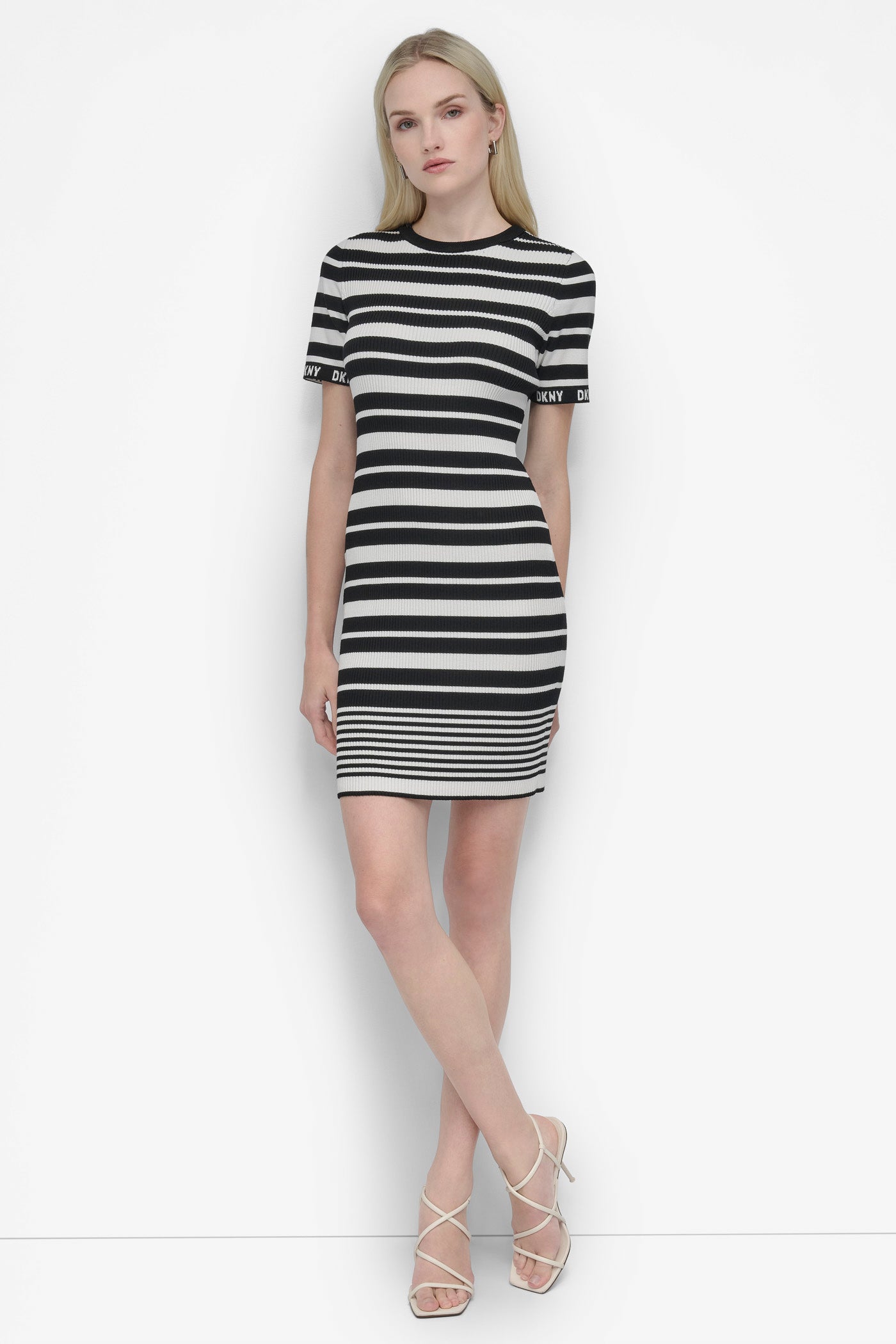 BLACK/ IVORY ALL OVER STRIPE LOGO DRESS, FRONT VIEW | Dresses & Jumpsuits