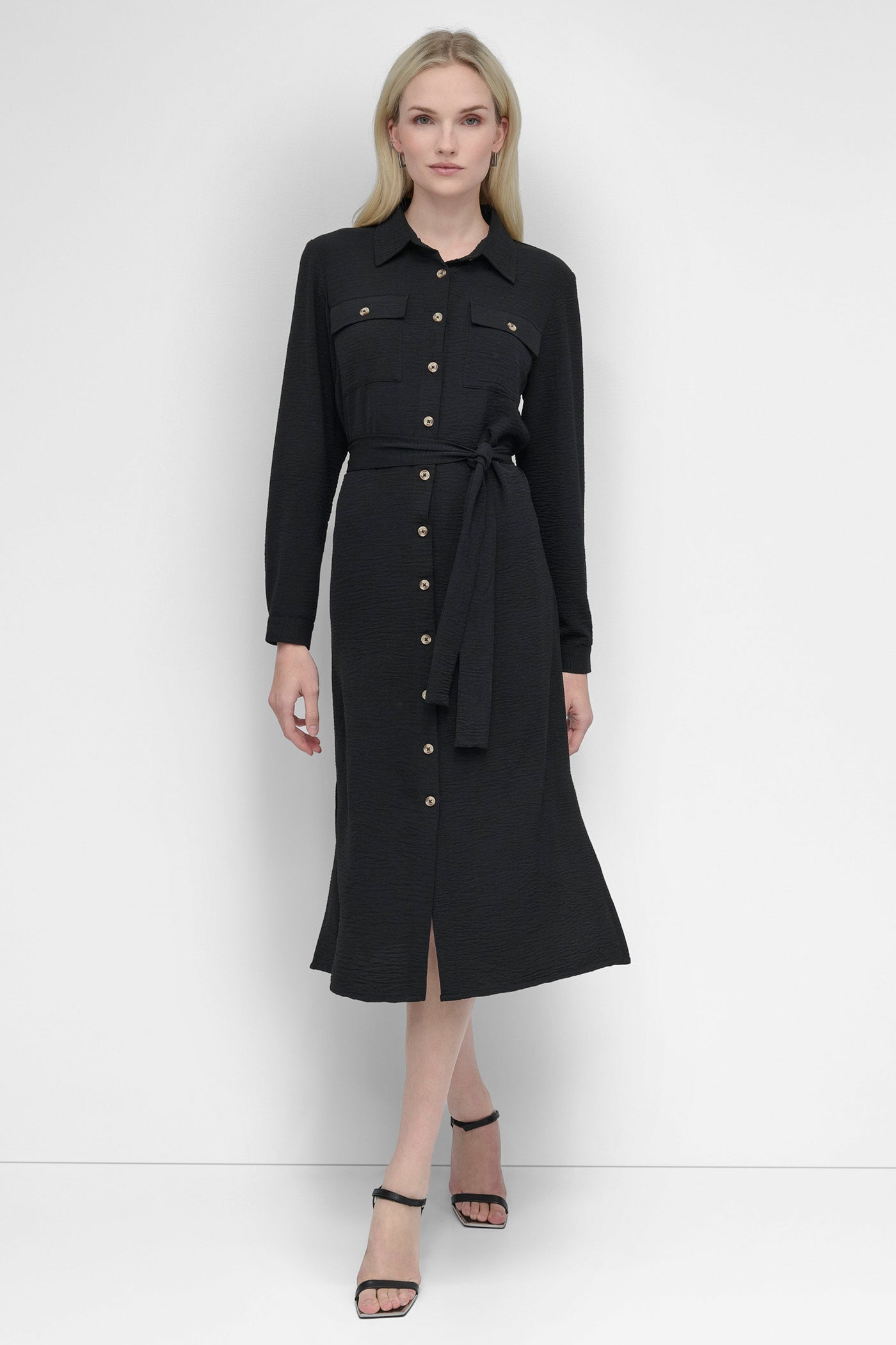 Black COLLARED BUTTON DRESS, FRONT VIEW | SALE DRESSES