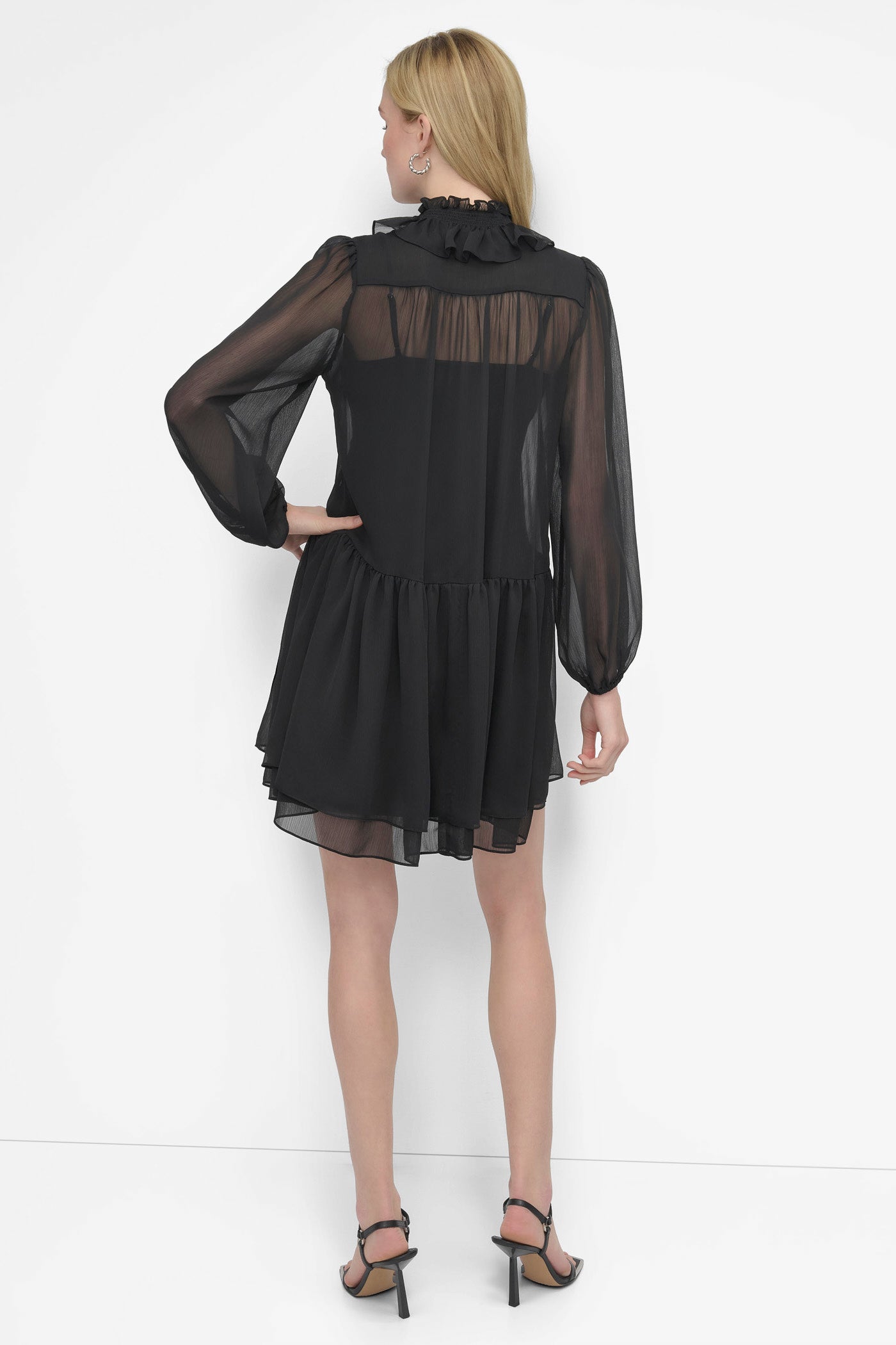 Black LONG SLEEVE CHIFFON MINI DRESS, BACK VIEW | SALE DRESSES