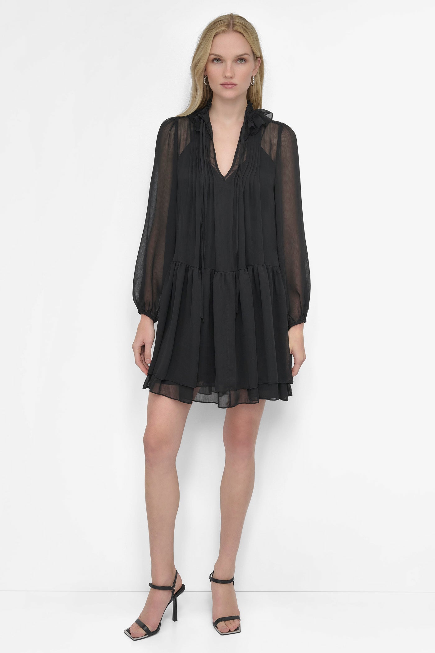 Black LONG SLEEVE CHIFFON MINI DRESS, FRONT VIEW | SALE DRESSES