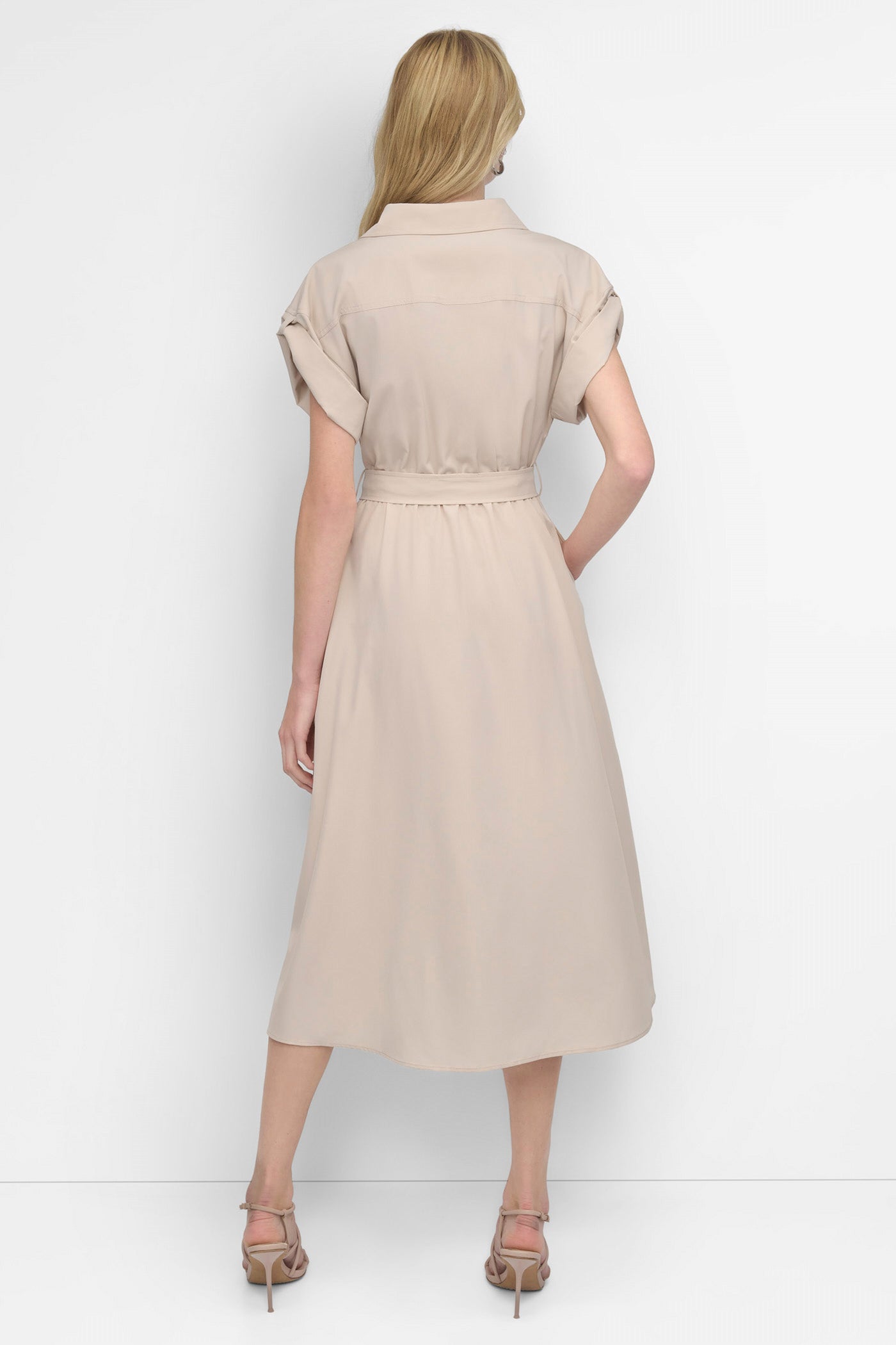 ELEGANT BEIGE BUTTON FRONT COMMUTER MIDI DRESS, BACK VIEW | 9-5 Edit