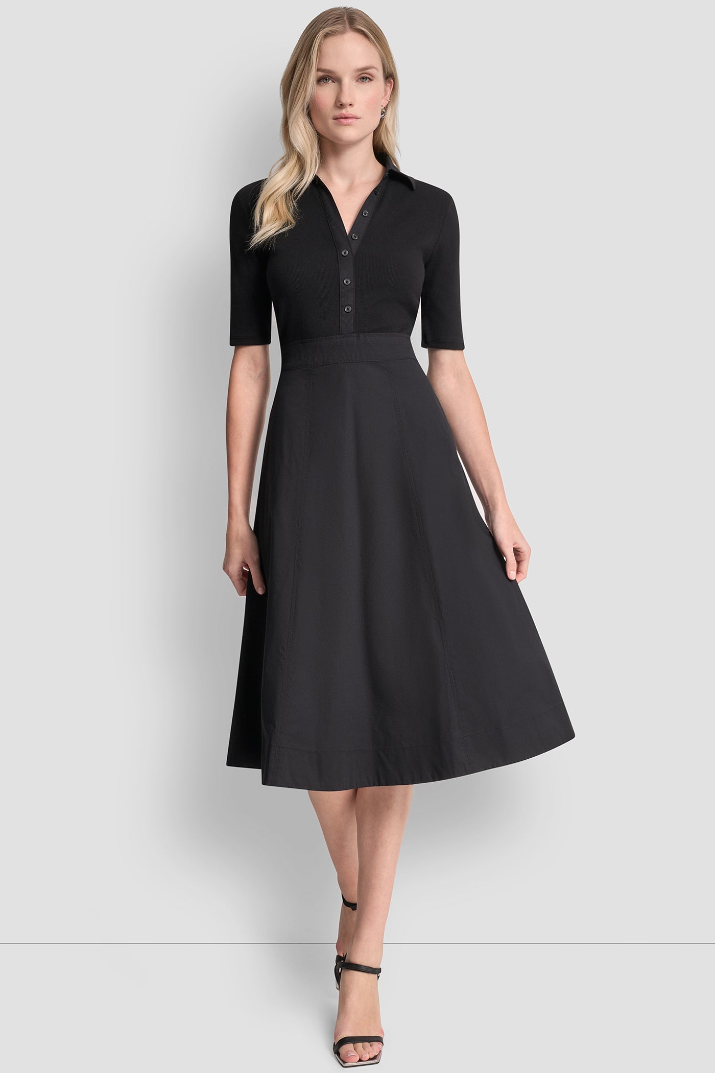 Black FIT & FLARE MIDI POLO DRESS, FRONT VIEW | Products