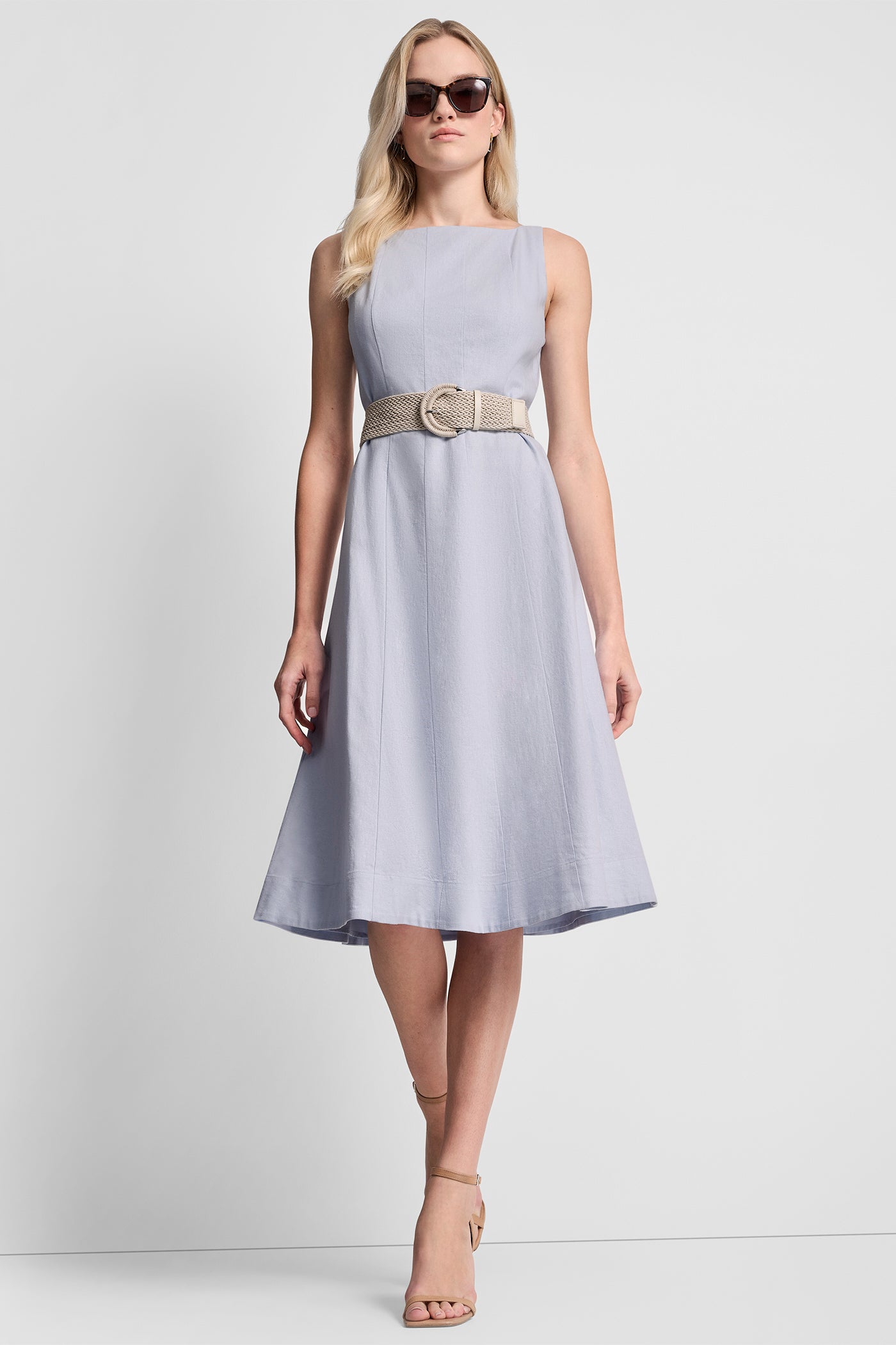 Skyway Blue LINEN-BLEND MIDI FIT & FLARE DRESS, VIEW 1 | New Arrivals