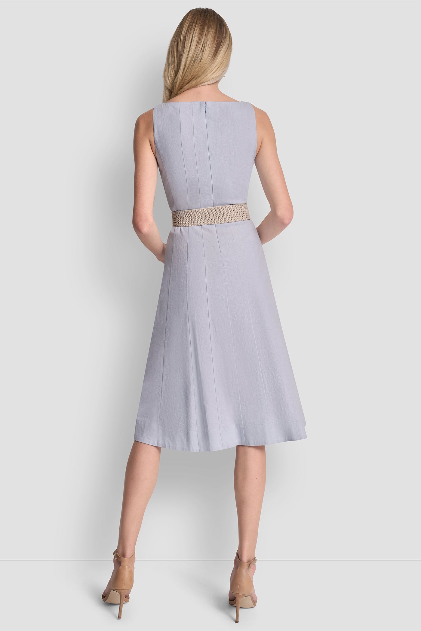 Skyway Blue LINEN-BLEND MIDI FIT & FLARE DRESS, VIEW 2 | New Arrivals