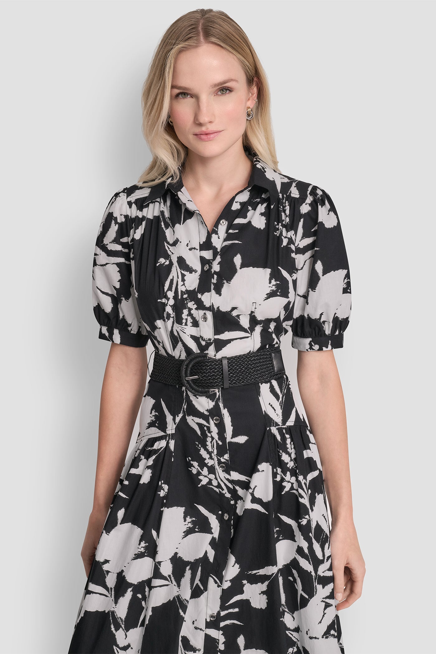 Black/Ivory FLORAL PRINT MIDI SHIRT DRESS, VIEW 2 | 9-5 Edit