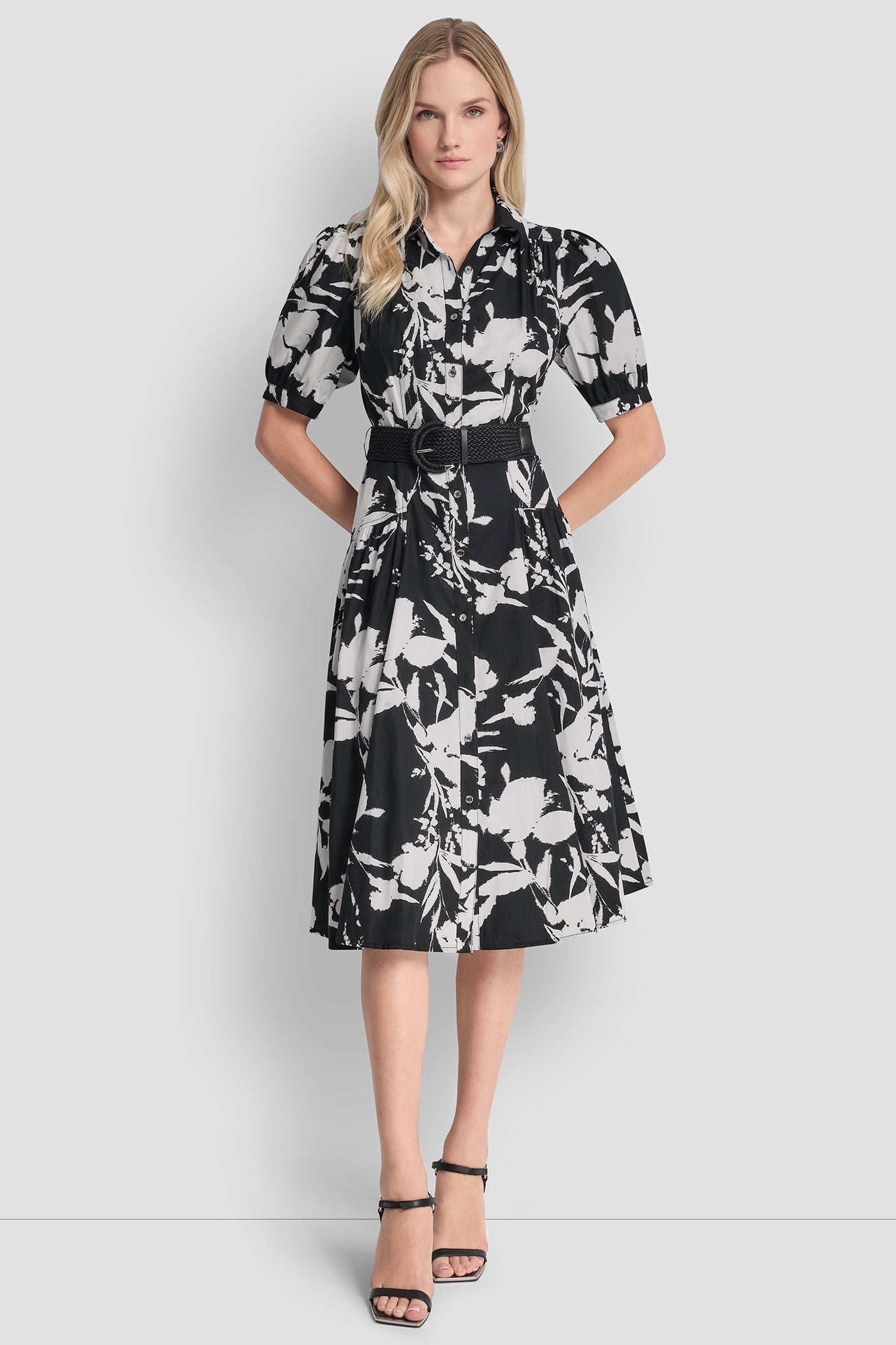 Black/Ivory FLORAL PRINT MIDI SHIRT DRESS, VIEW 1 | 9-5 Edit