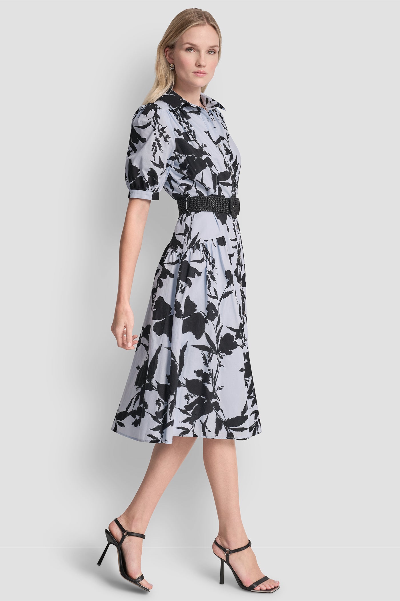 Skyway Blue/Black FLORAL PRINT MIDI SHIRT DRESS, VIEW 1 | Dresses & Jumpsuits