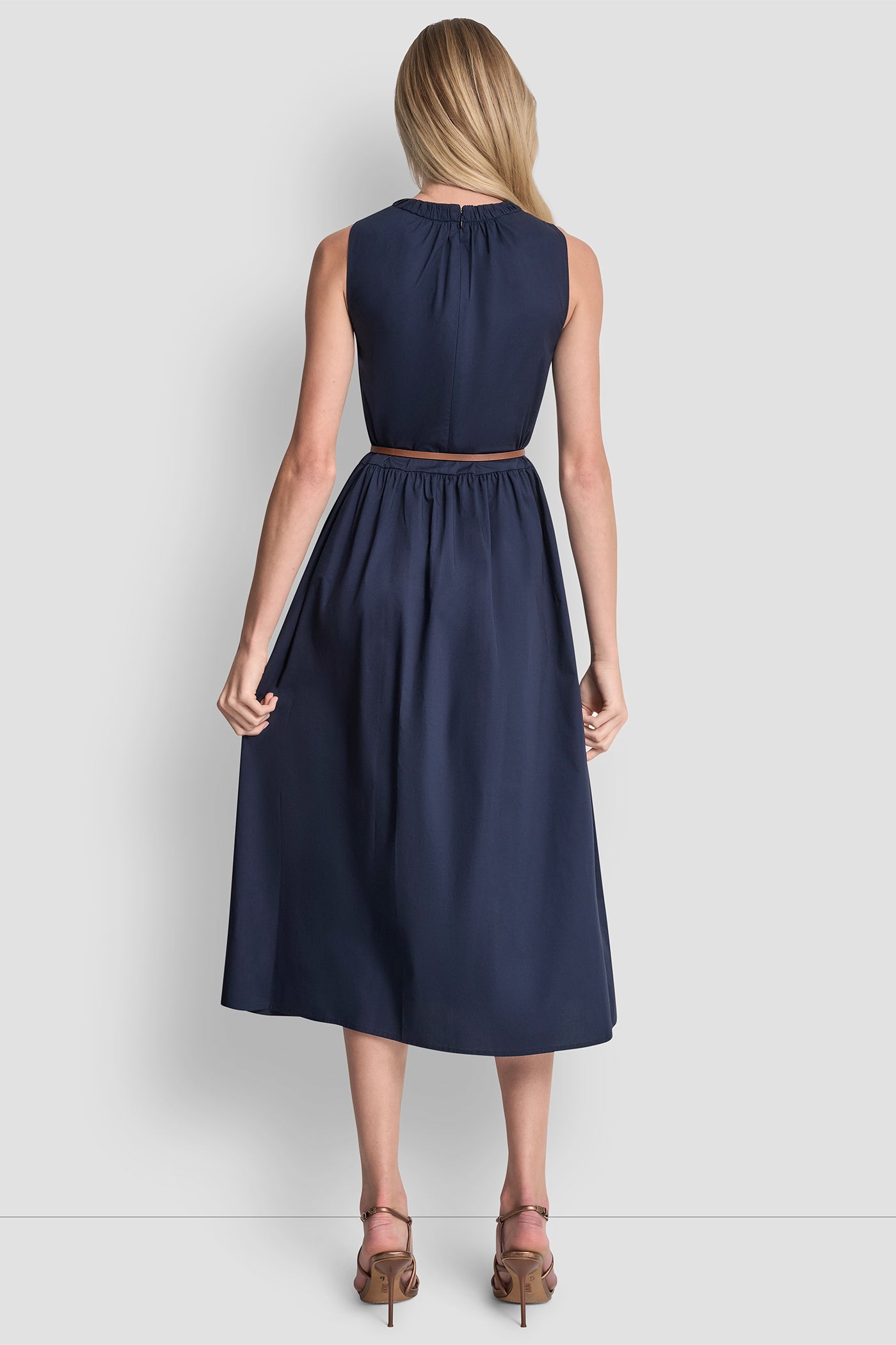 DKNY Women's Sleeveless Gathered Midi A-Line Dress in Indigo DKNY Women's Sleeveless Gathered Midi A-Line Dress in Indigo