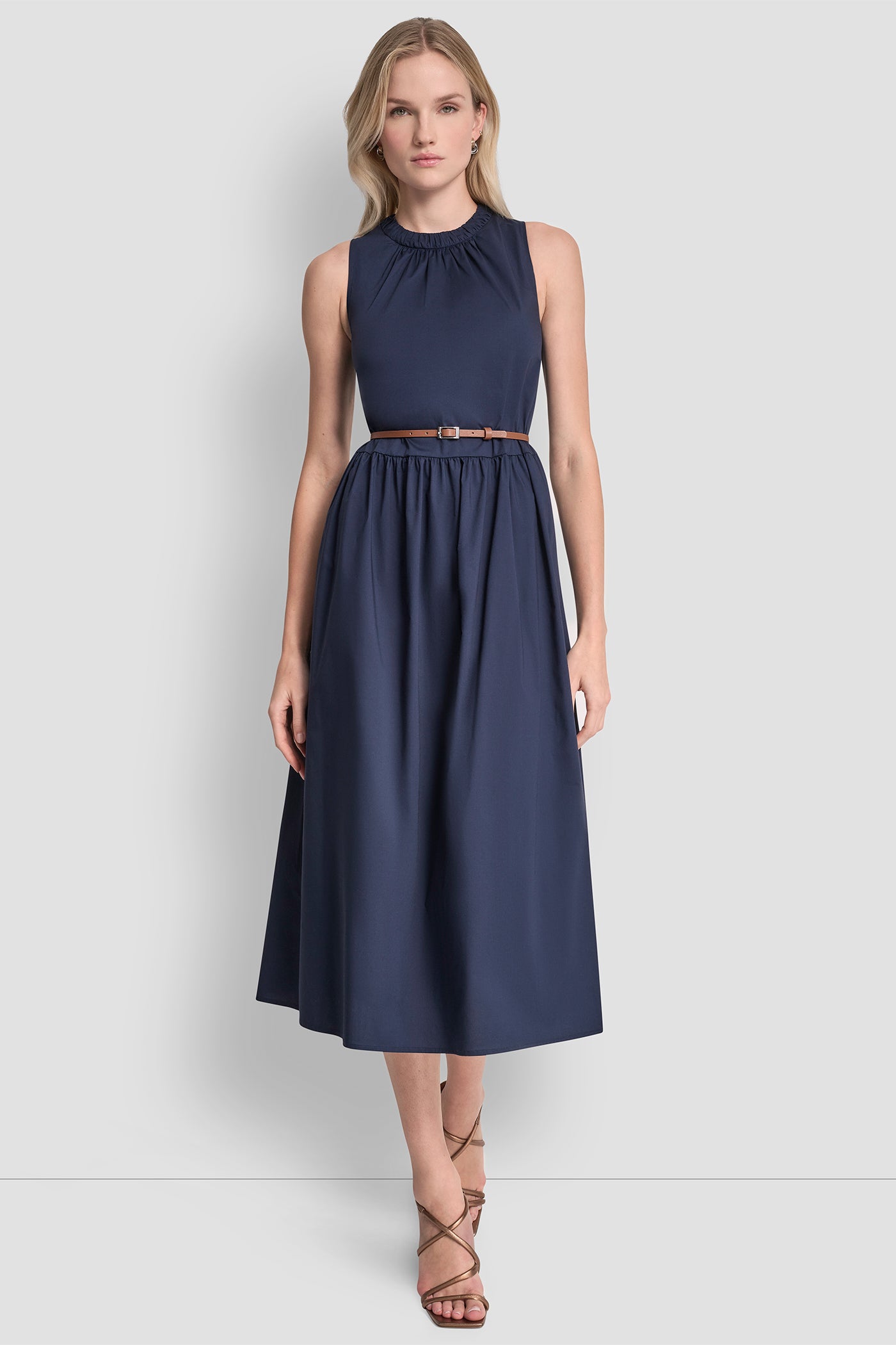 新品タグ付きDKNY ダークネイビー パーティードレス Sleeveless Gathered Midi A Line Dress | DKNY