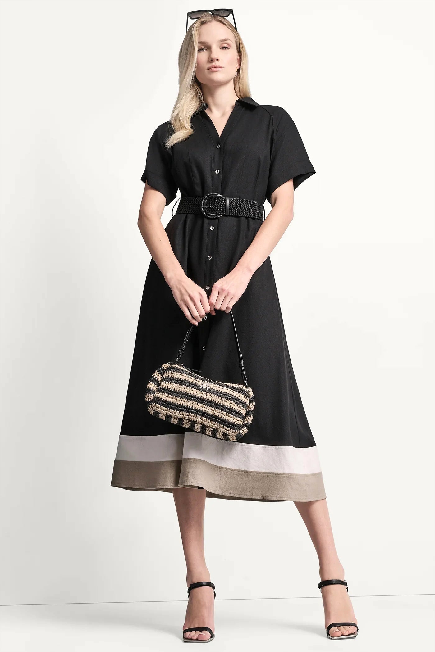Color-Block FIT & Flare Midi Shirt Dress Black/Ivory/Khaki / 4 Color-Block FIT & Flare Midi Shirt Dress Black/Ivory/Khaki / 4