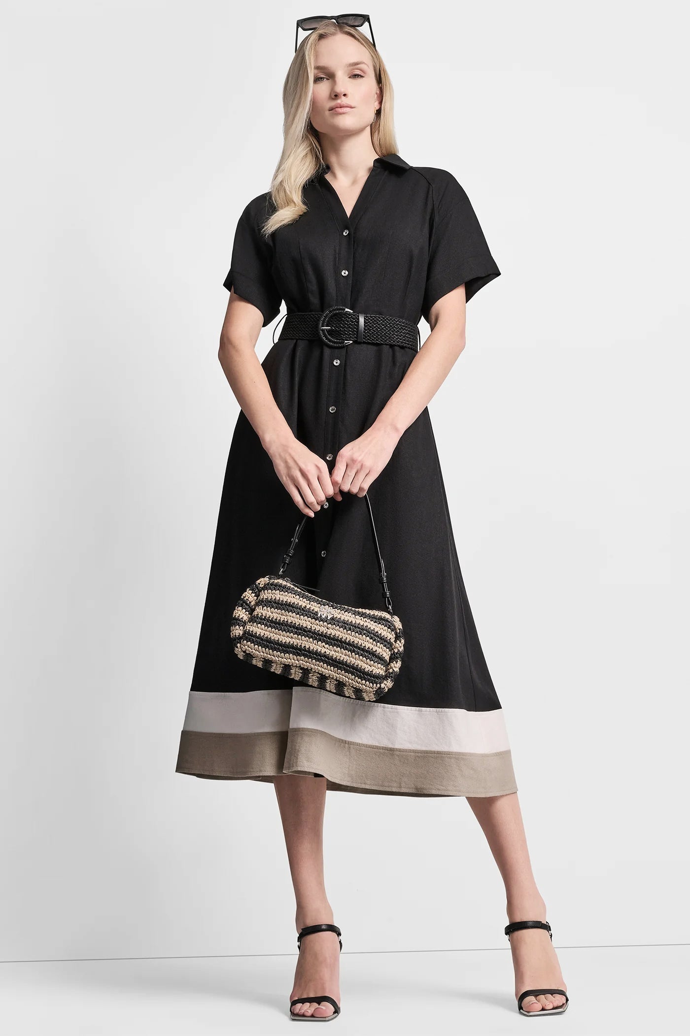 COLOR-BLOCK FIT & FLARE MIDI SHIRT DRESS VIEW 4