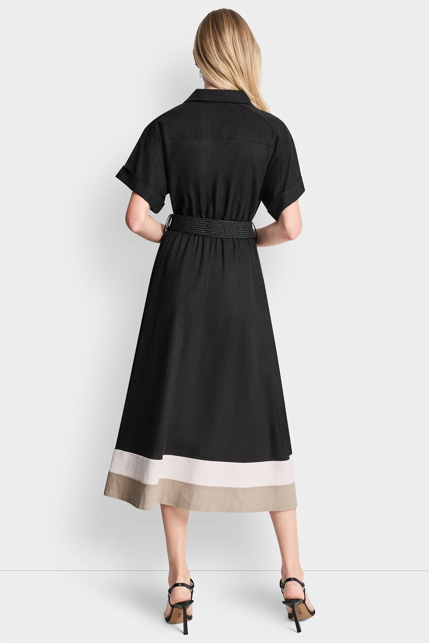 COLOR-BLOCK FIT & FLARE MIDI SHIRT DRESS VIEW 3