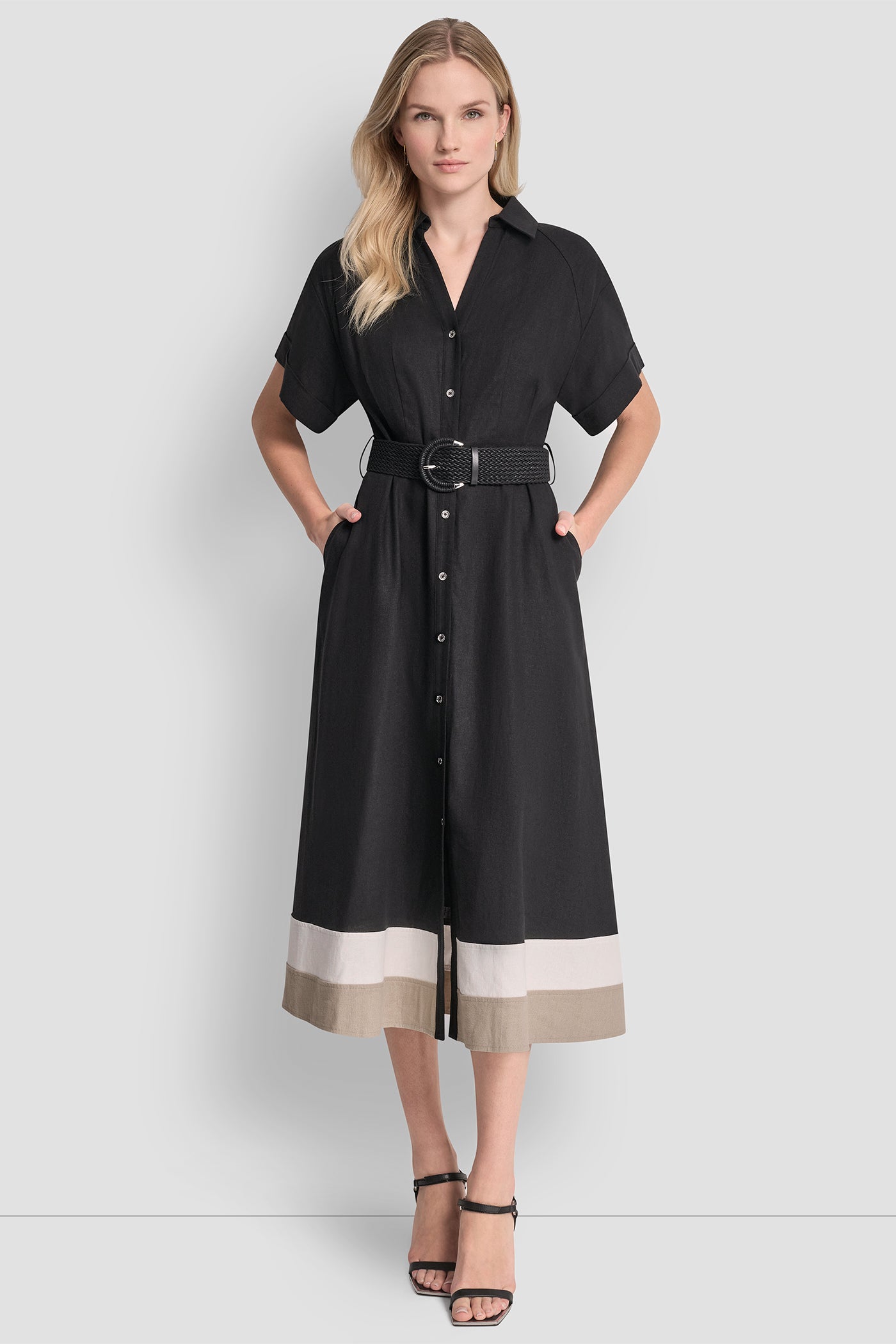 Black/Ivory/Khaki LINEN-BLEND COLOR-BLOCK SHIRT DRESS, VIEW 2 | Clothing