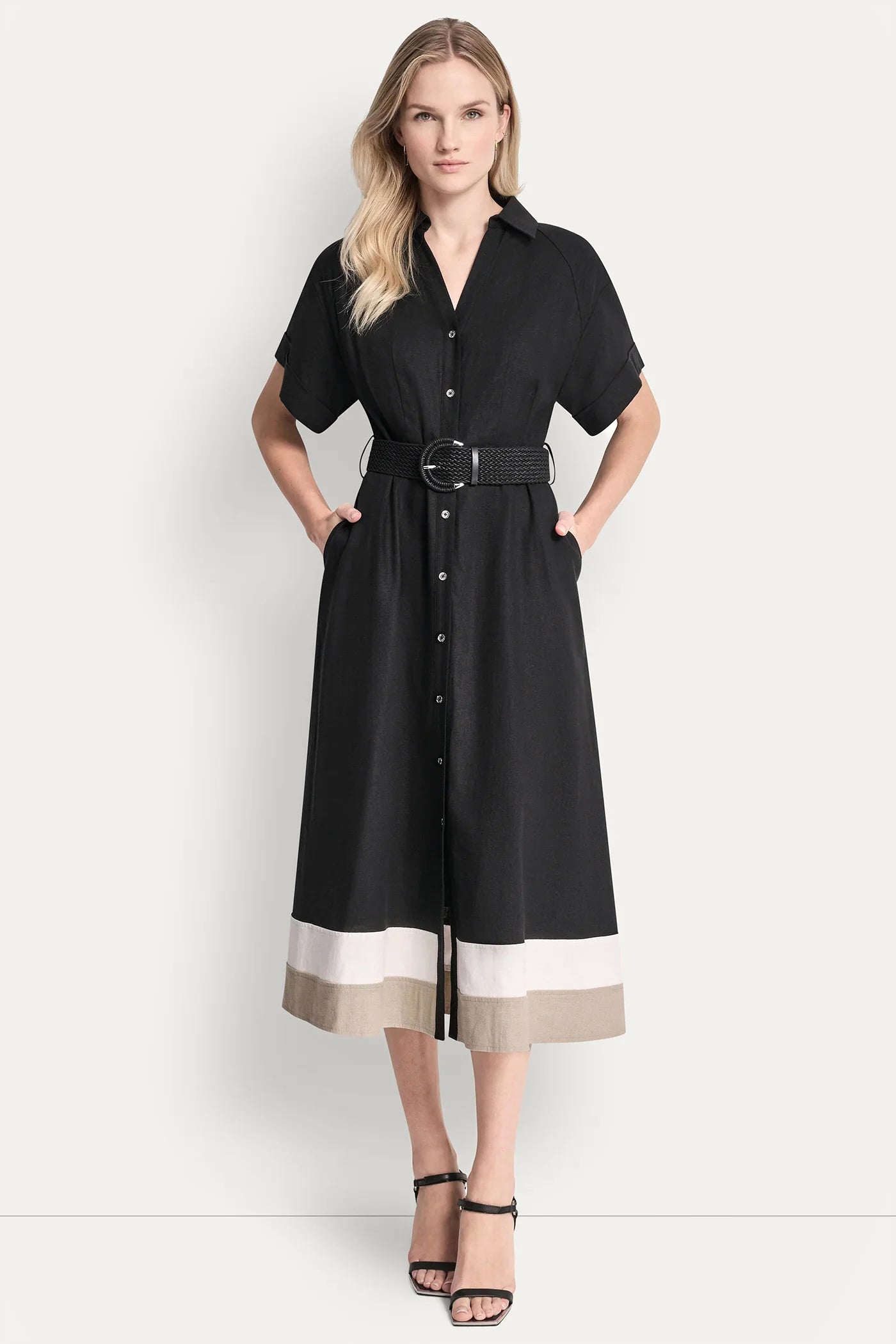 COLOR-BLOCK FIT & FLARE MIDI SHIRT DRESS VIEW 3 | 9-5 Edit